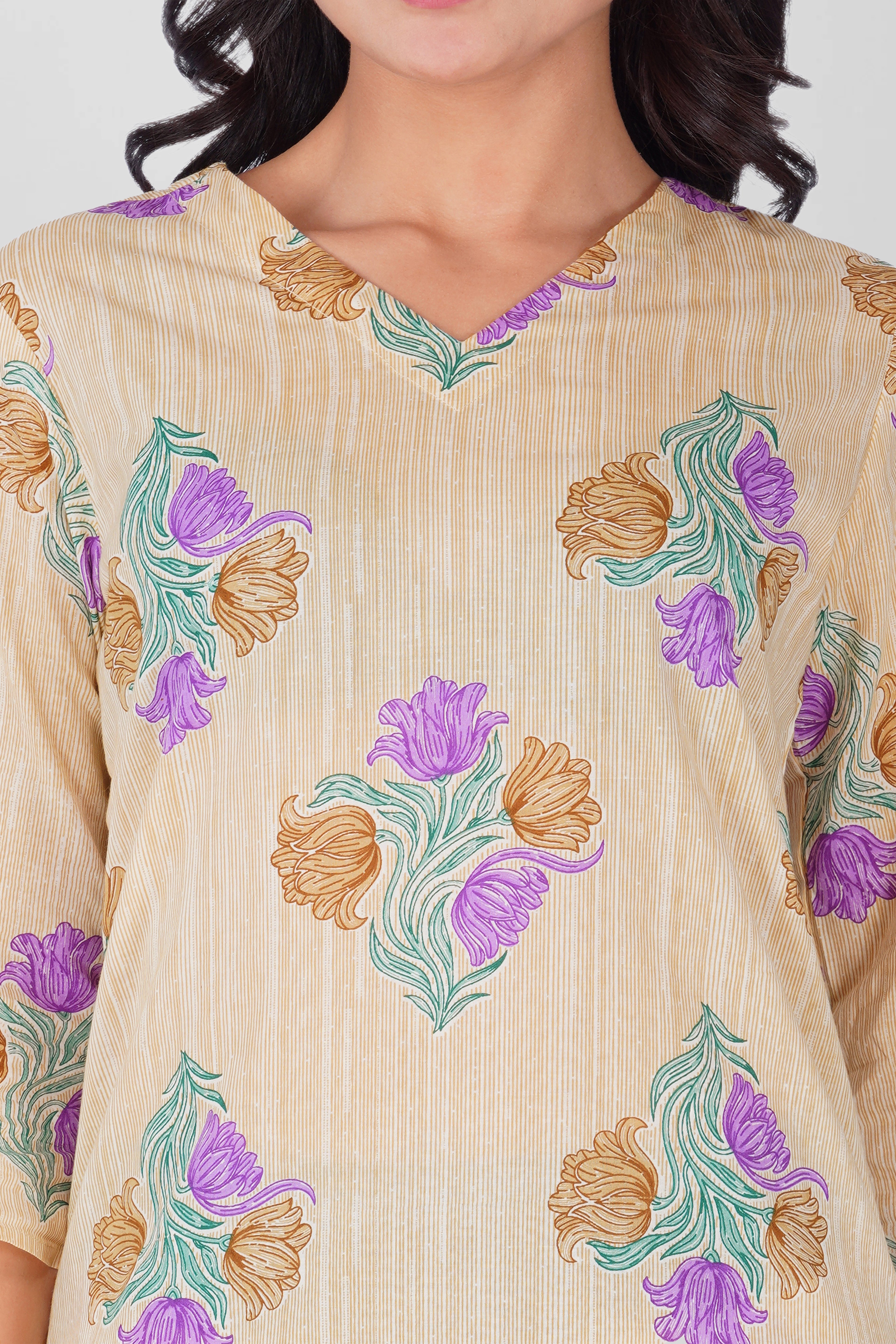 Butter Cream V Neck Cotton Printed Pyjama Set