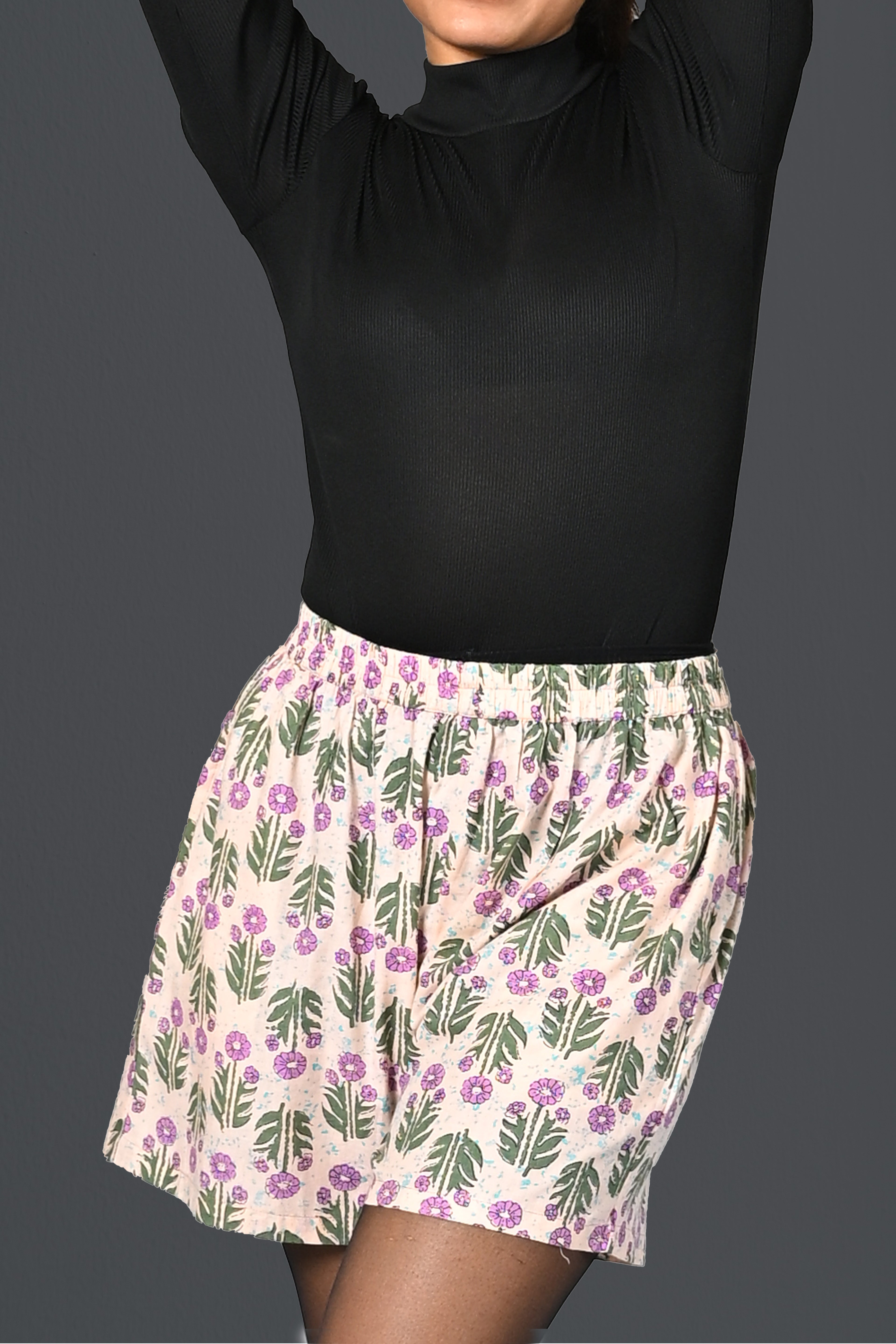 Cream Cotton Printed Shorts