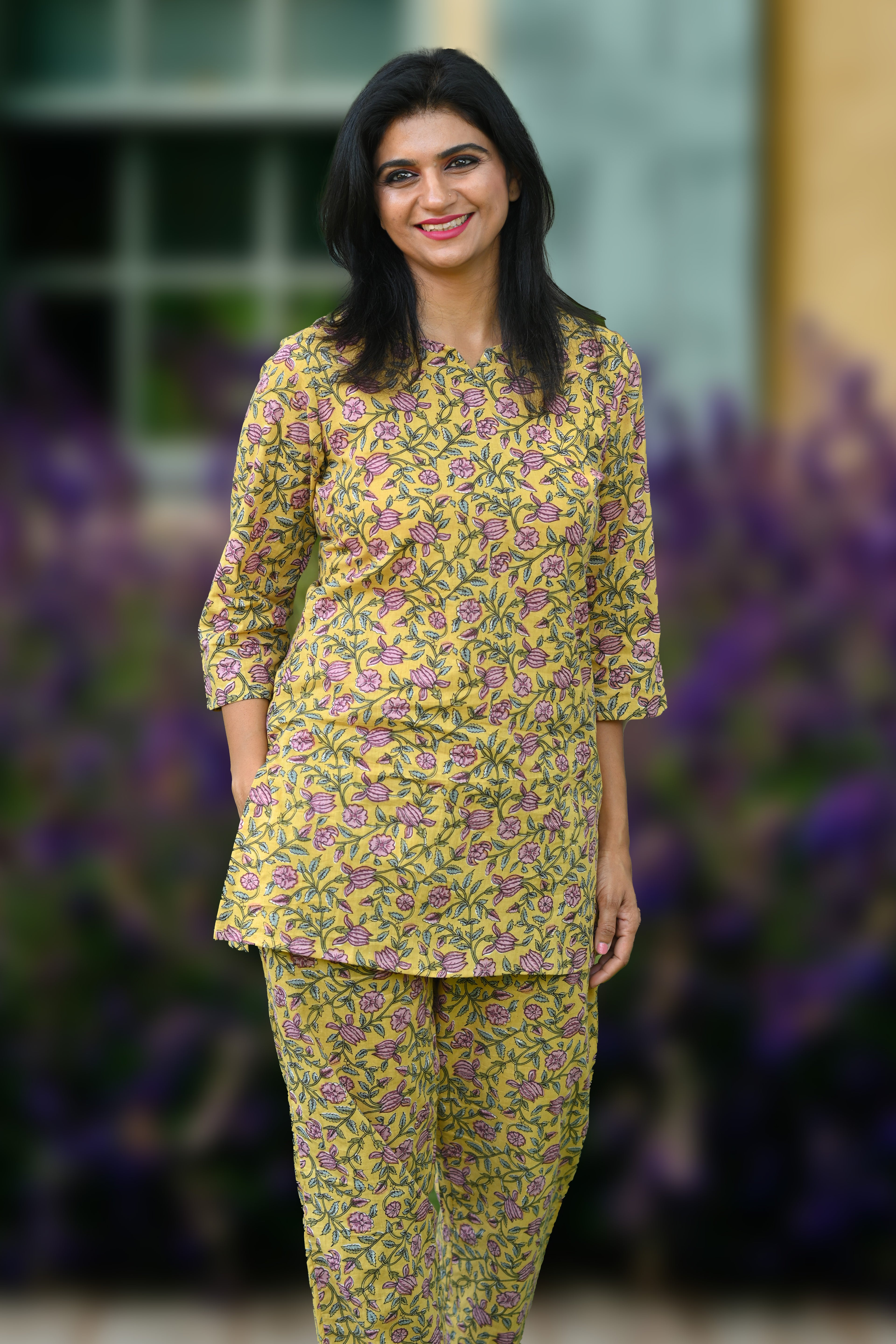 Yellow Floral Cotton Printed Pyjama Set