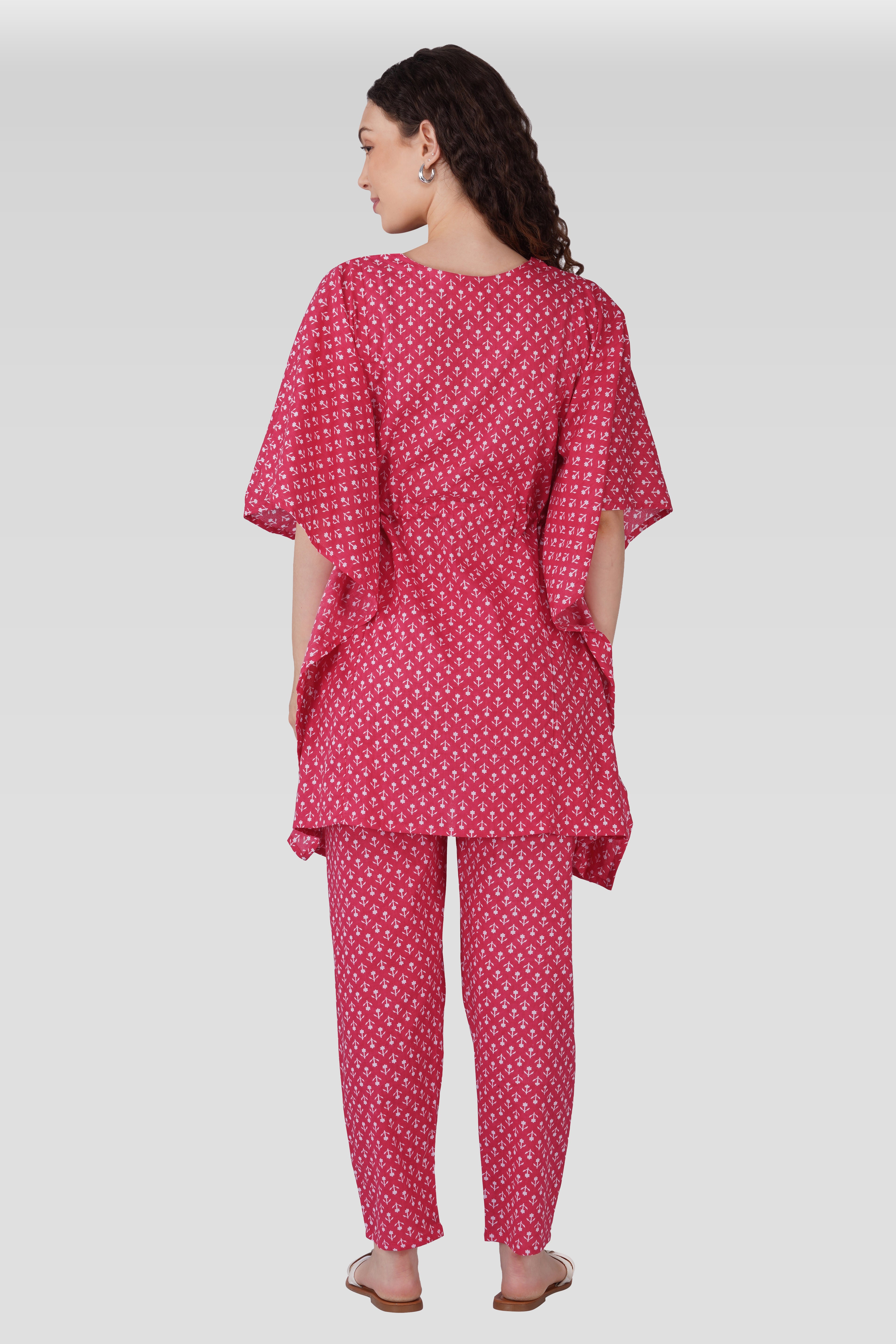 Cerise Pink Cotton Printed Maternity and Feeding Kaftan Set