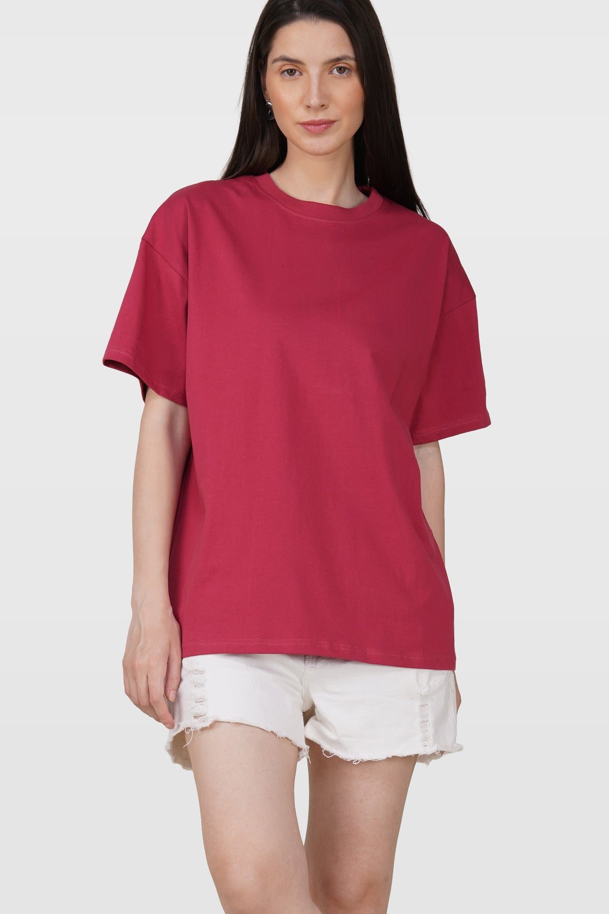 Cerise Red Cotton Oversized Crew Neck T-Shirt