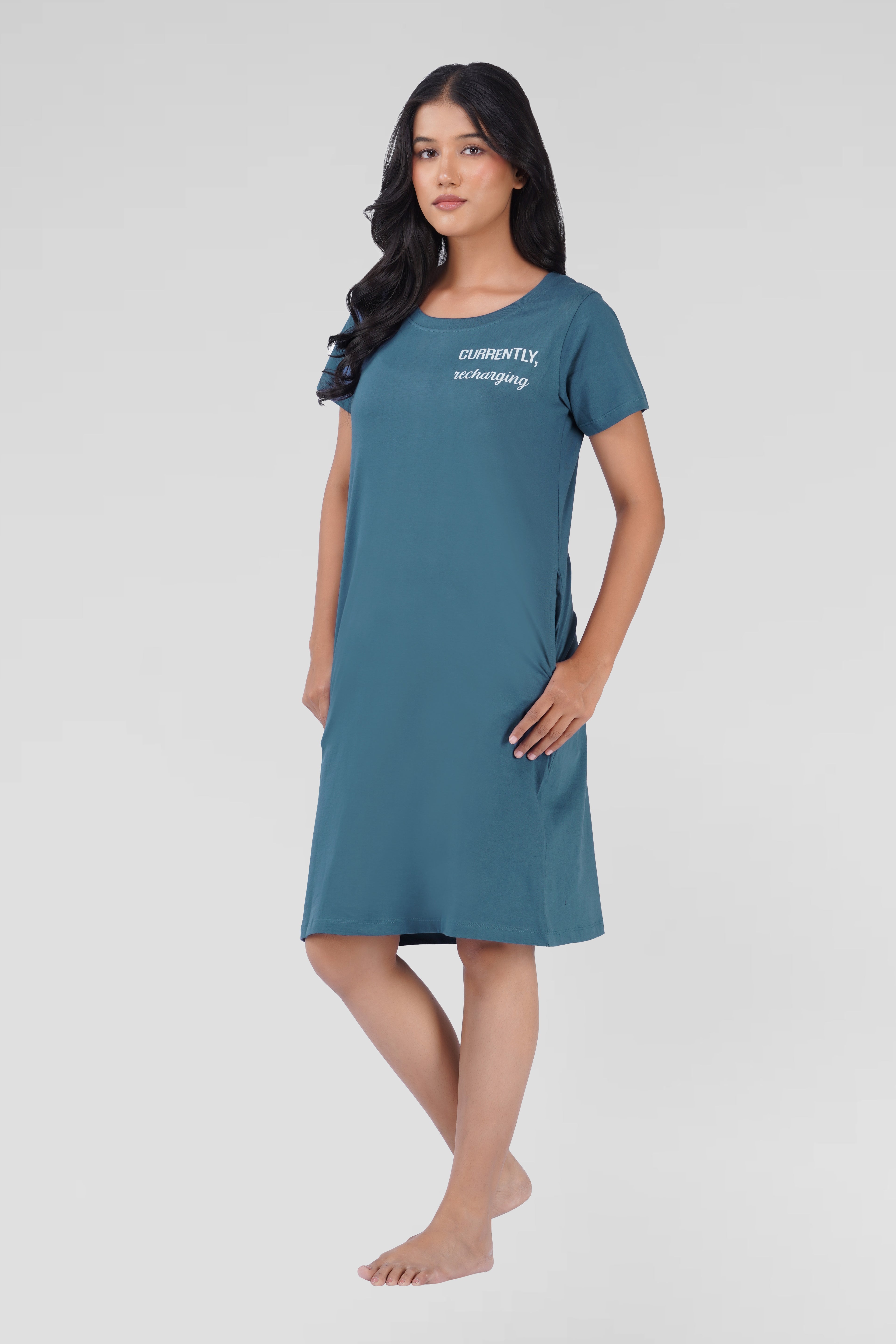 Cool Blue Cotton Printed T-Shirt Nightdress
