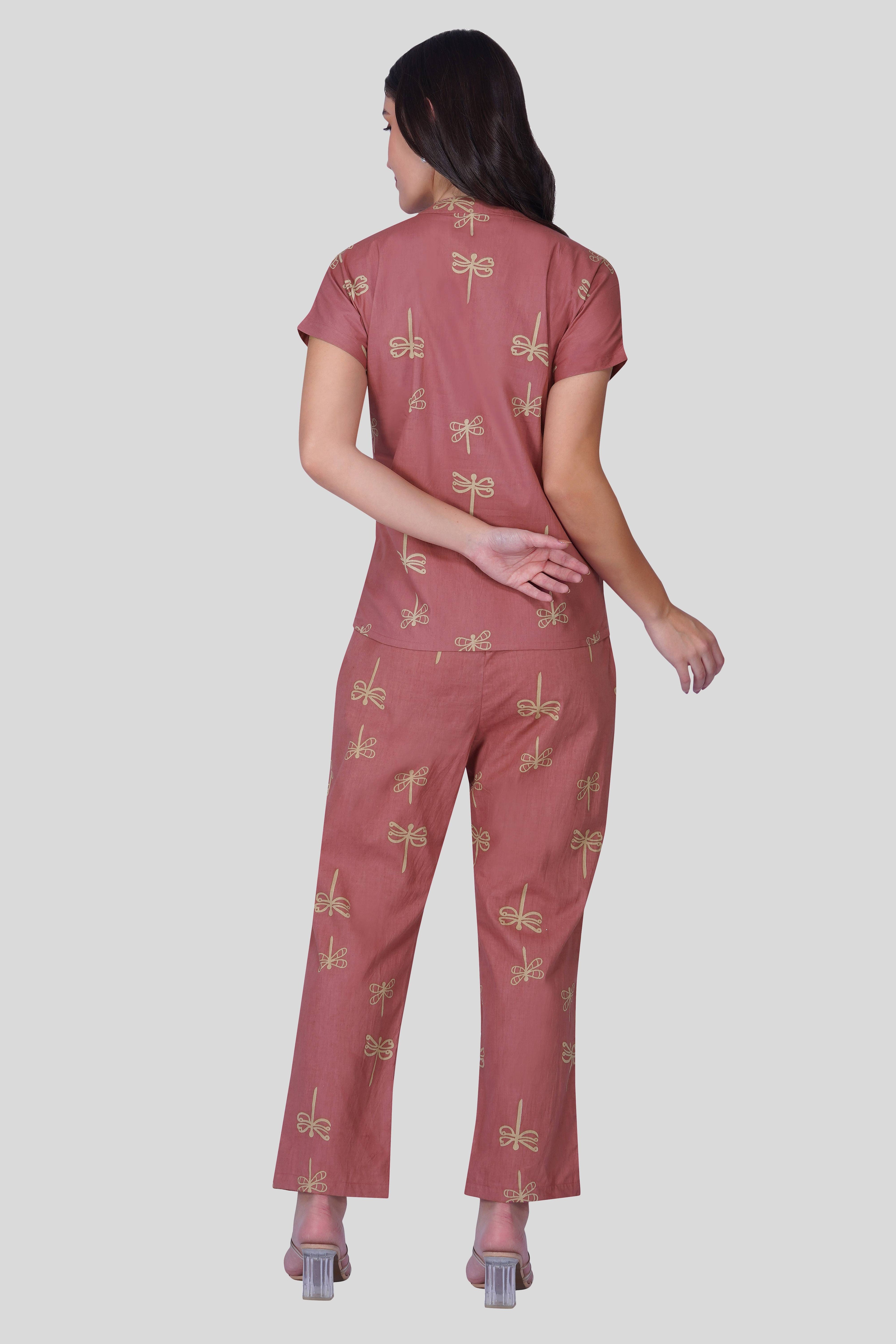 Cool Pink Notch Collar Cotton Printed Pyjama Set