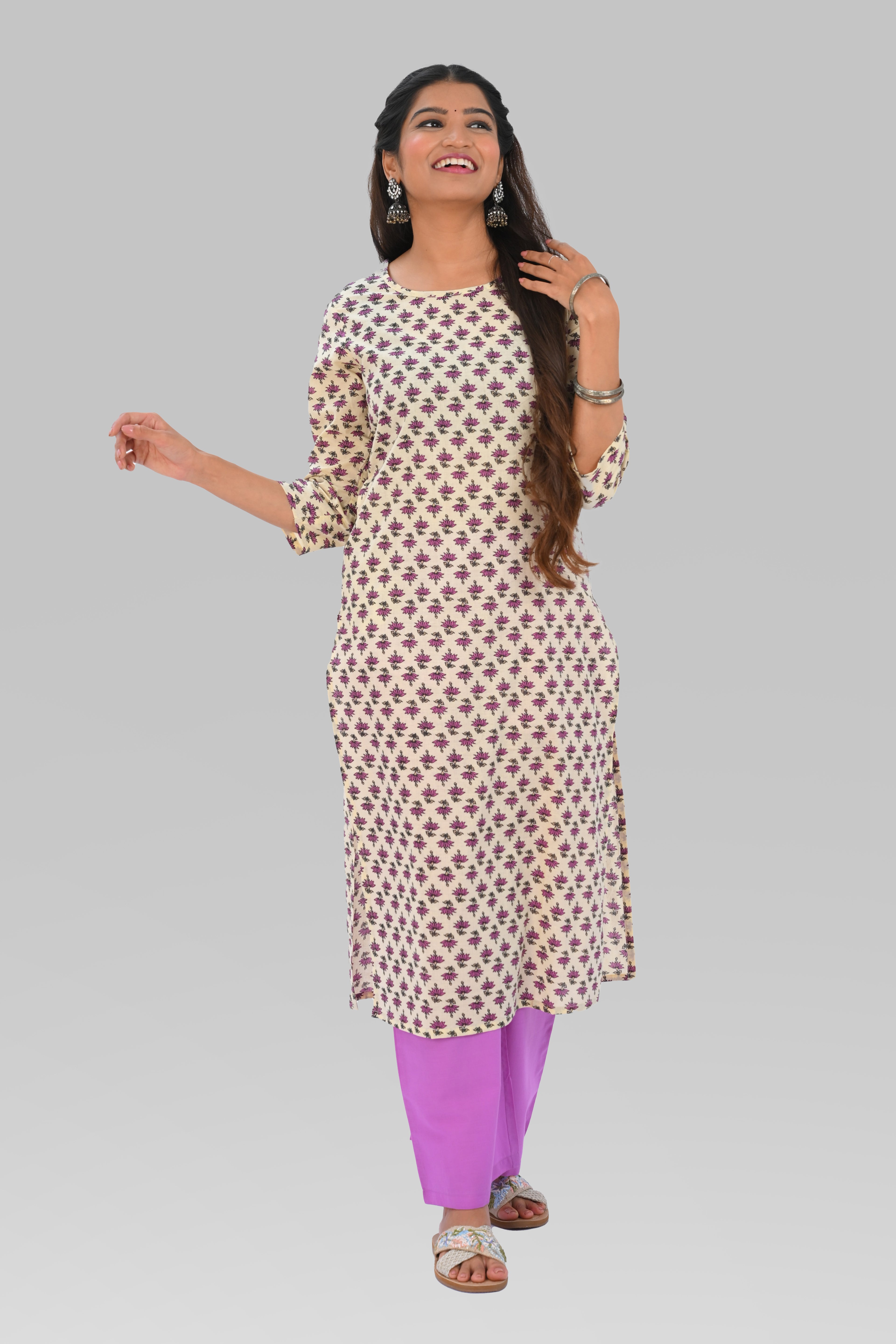 Cream Cotton Printed Kurta Set