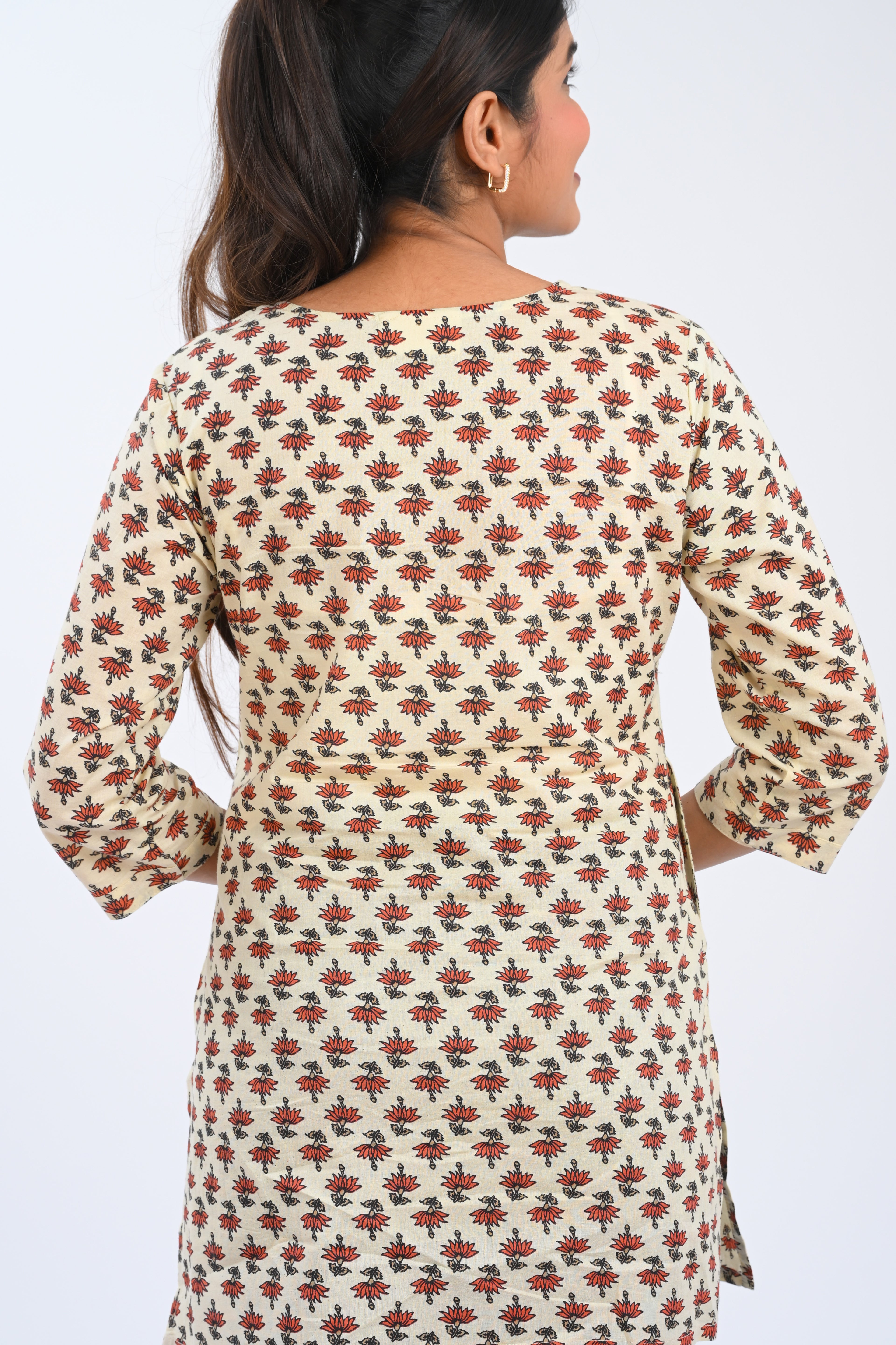 Cream Cotton Printed Short Kurti