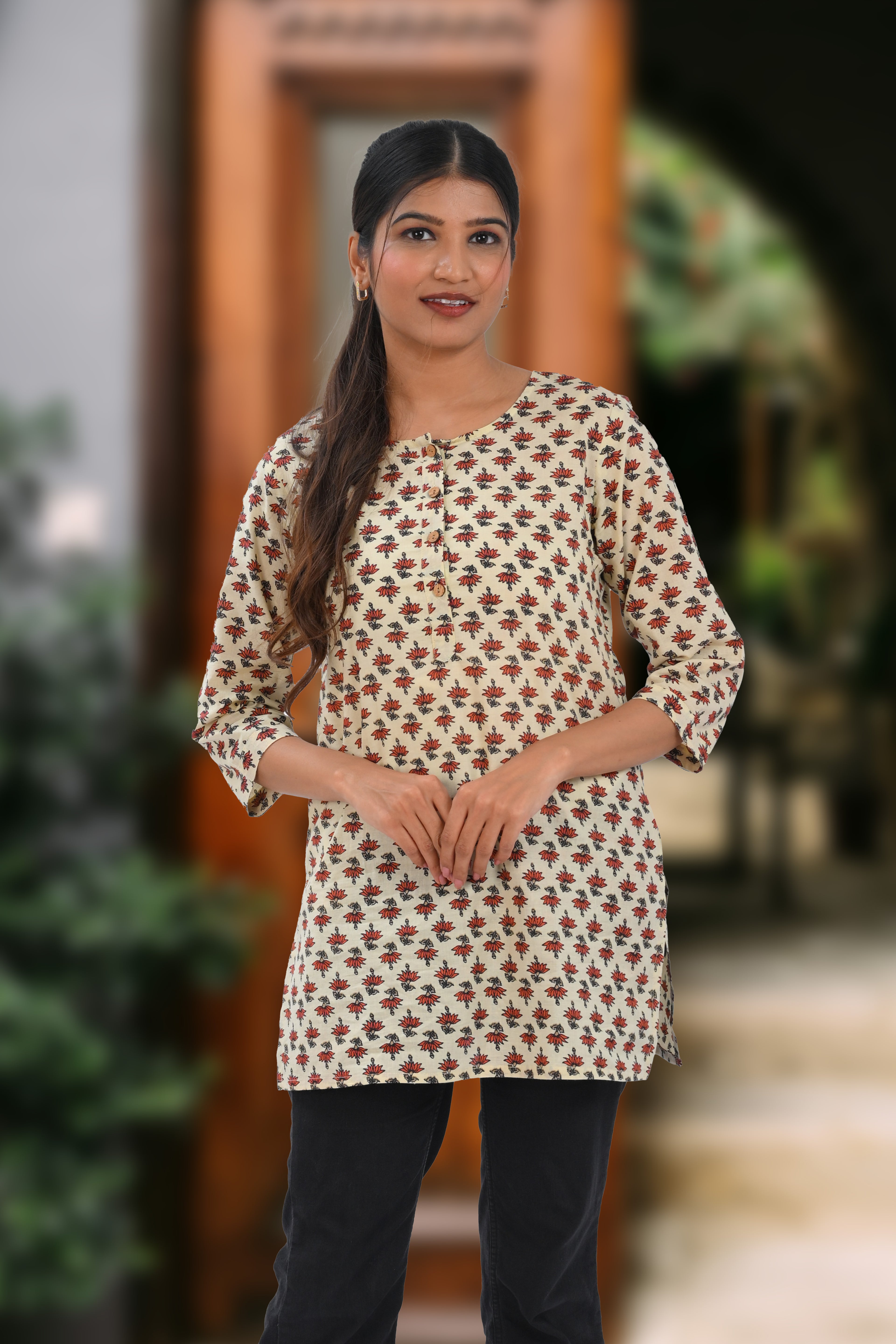 Cream Cotton Printed Short Kurti