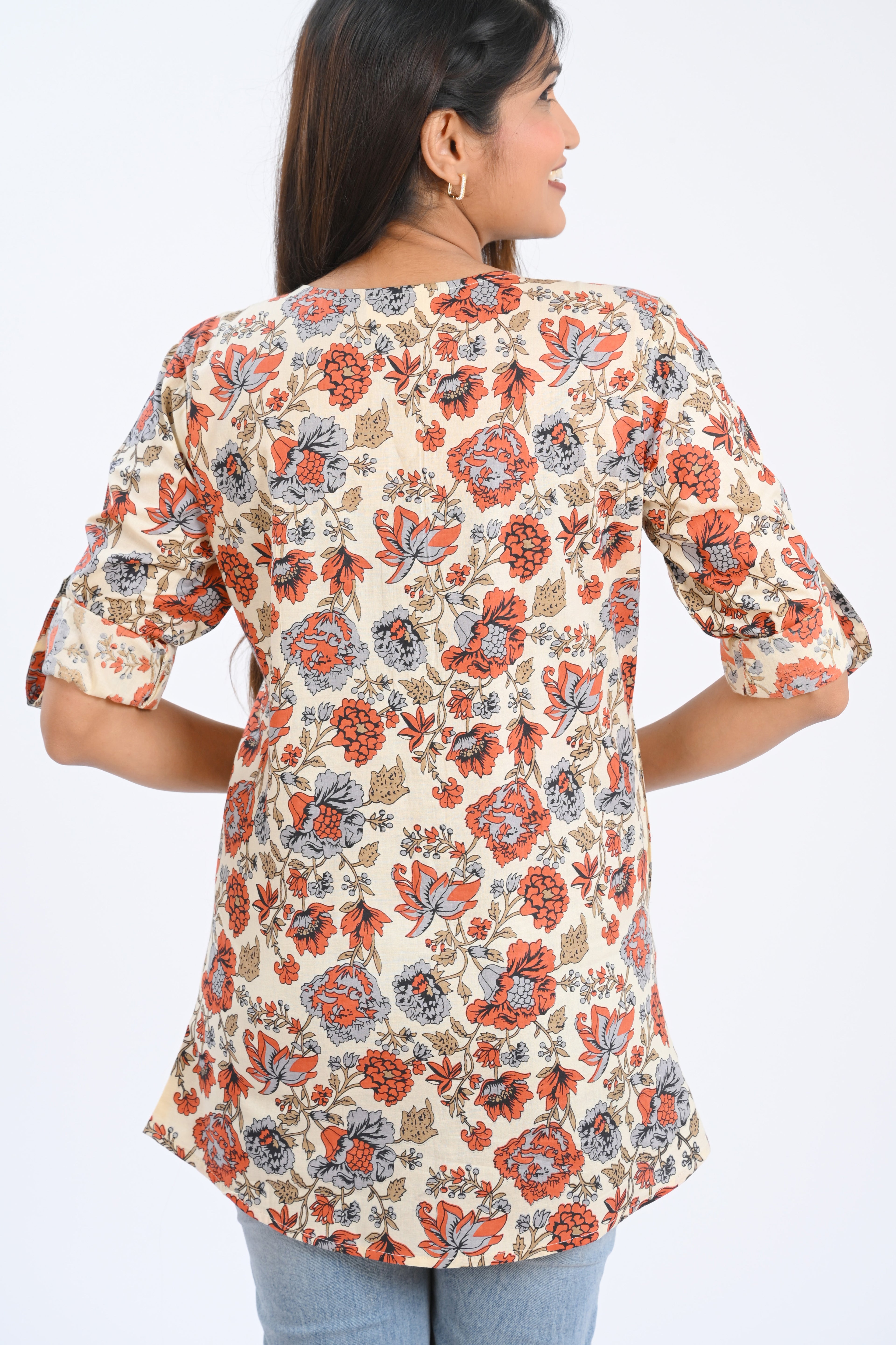 Cream Cotton Printed Short Kurti