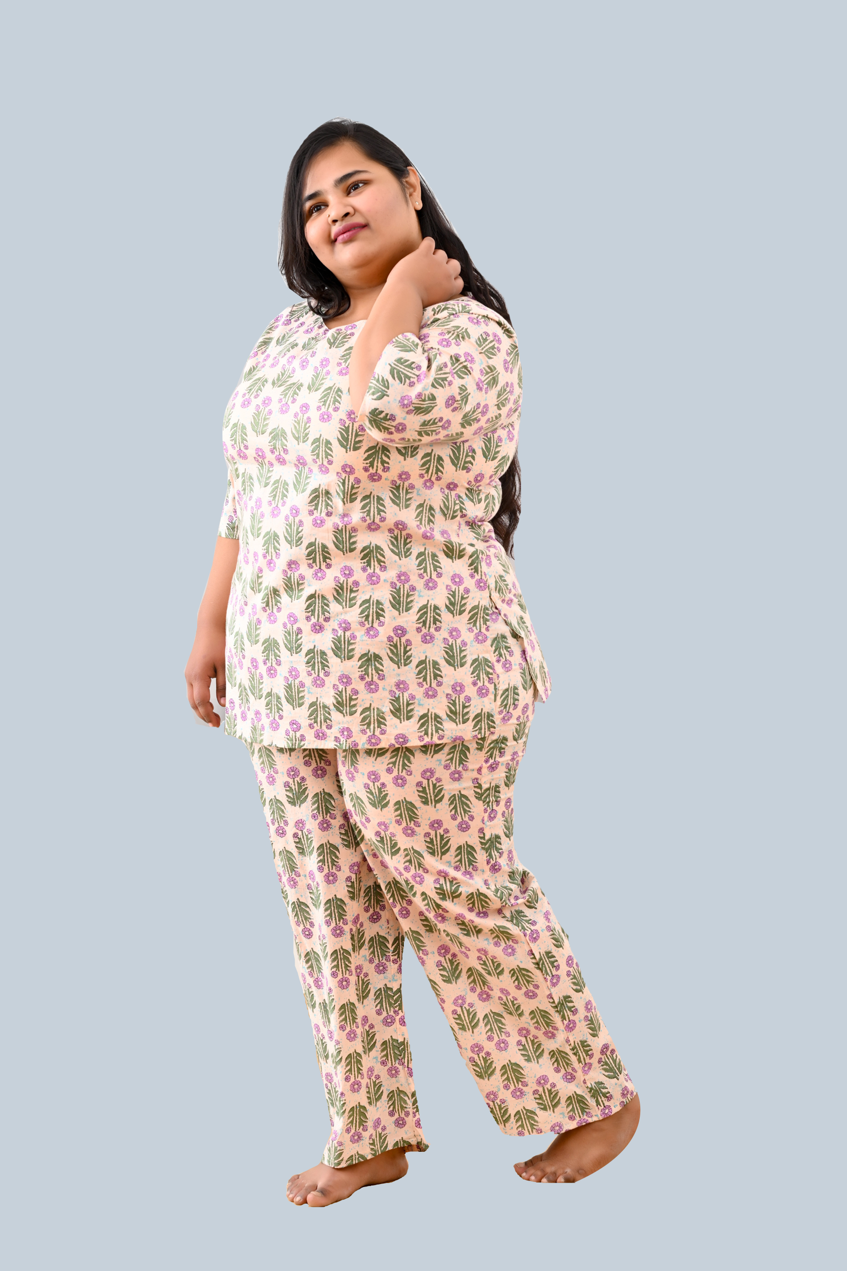 Cream Plus Size Cotton Printed Pyjama Set