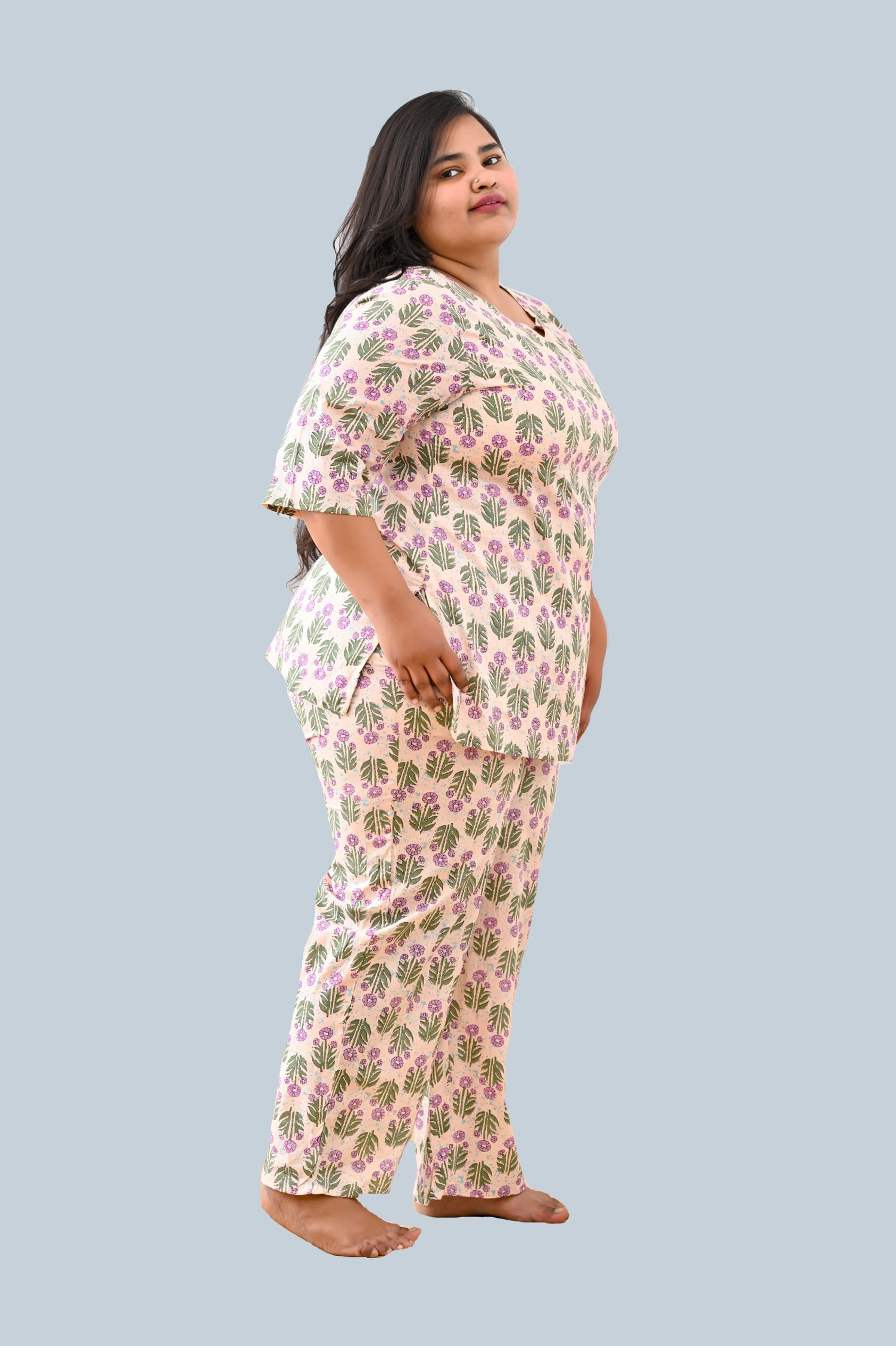 Cream Plus Size Cotton Printed Pyjama Set
