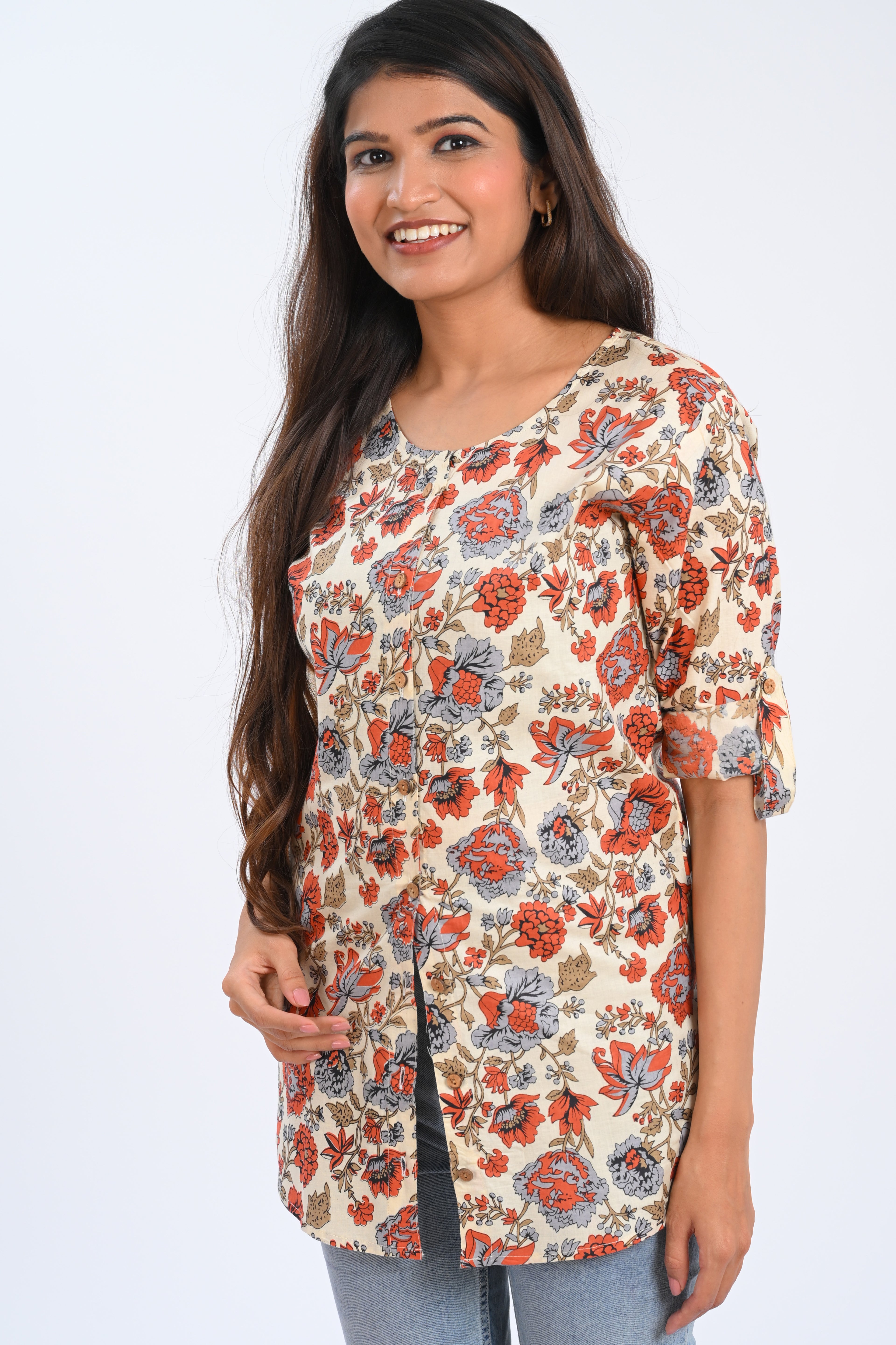Cream Cotton Printed Short Kurti