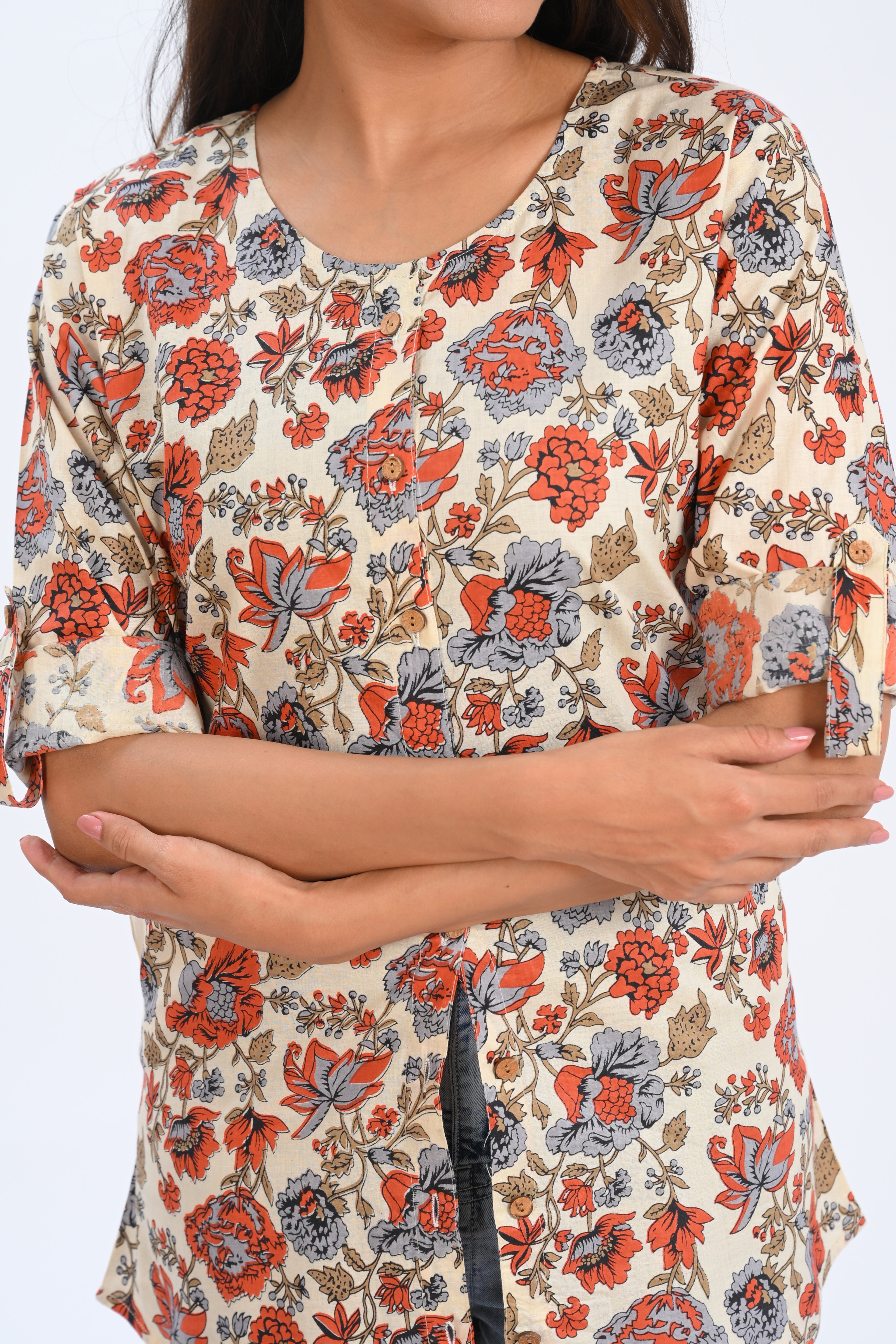 Cream Cotton Printed Short Kurti