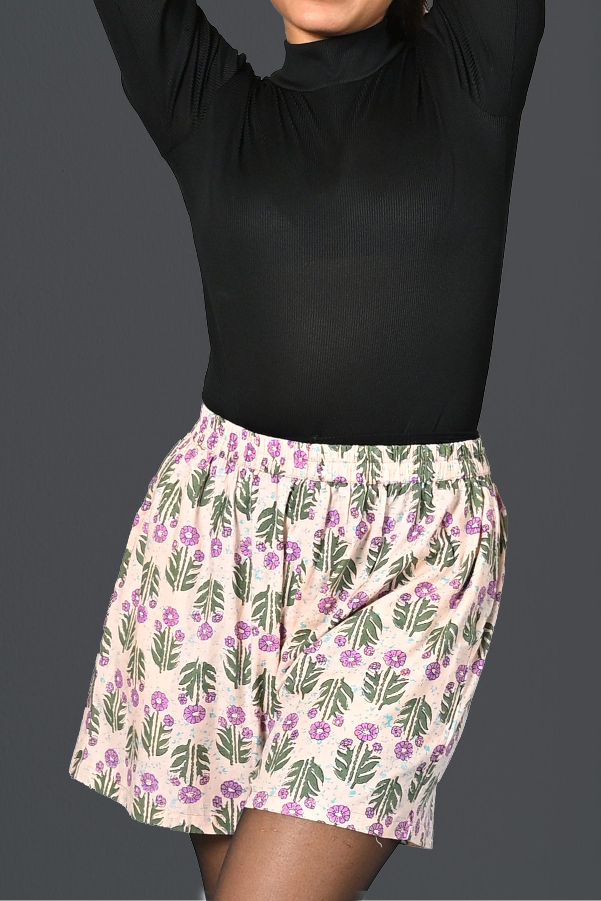 Cream Cotton Printed Shorts