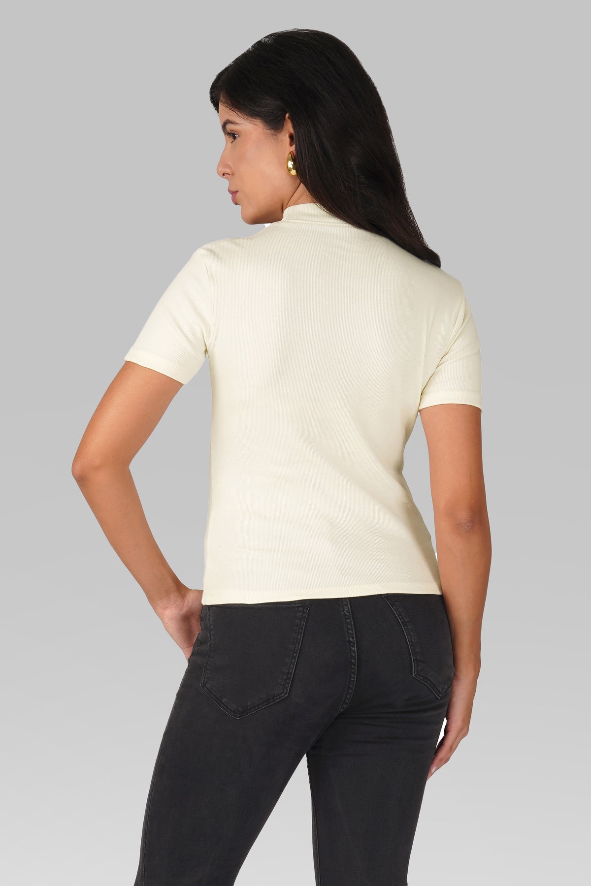 Cream Ribbed Mock Neck Short Sleeve Top
