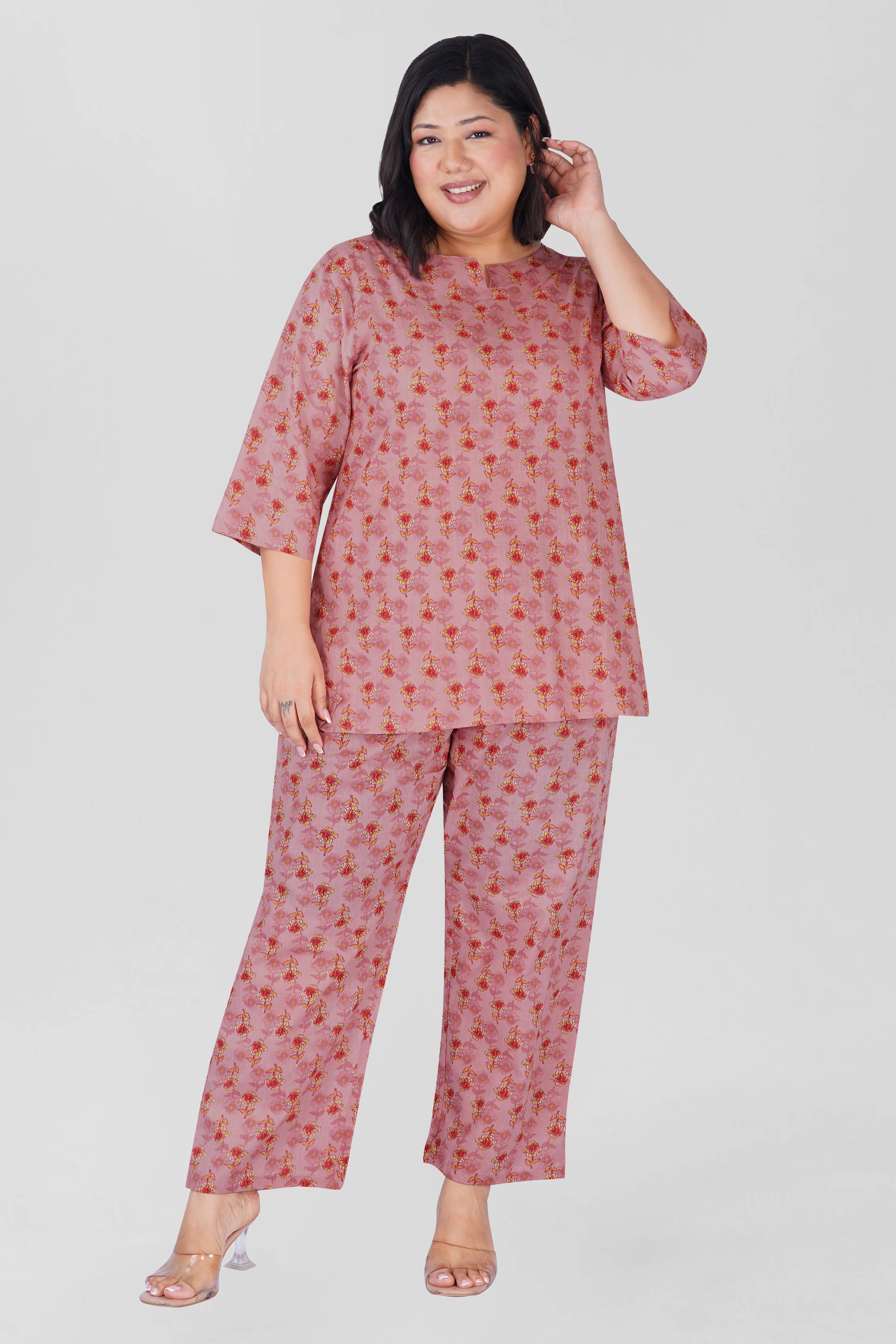 Creamy Berry Plus Size Cotton Printed Pyjama Set