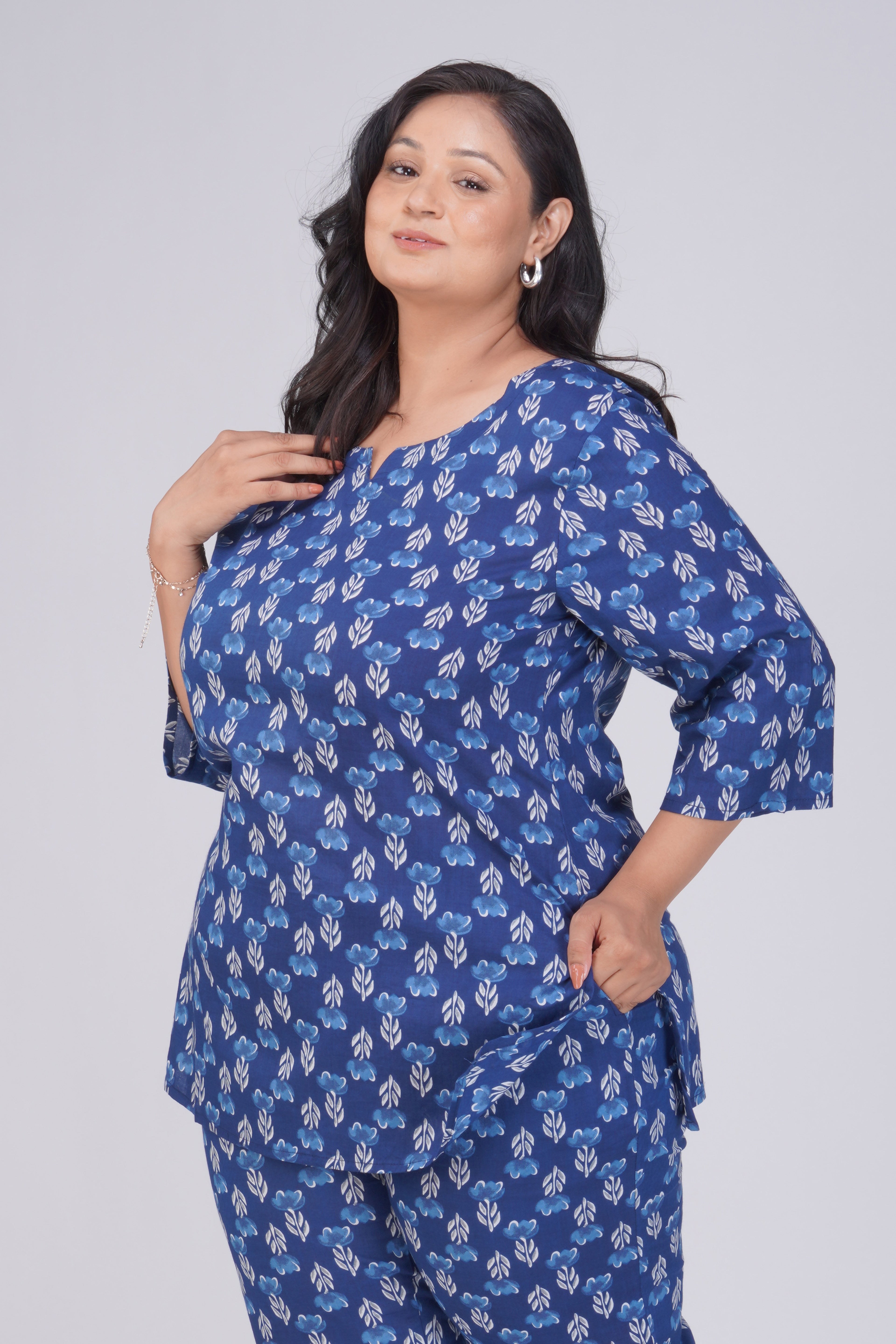 Dark Midnight Blue Plus Size Cotton Printed Pyjama Set