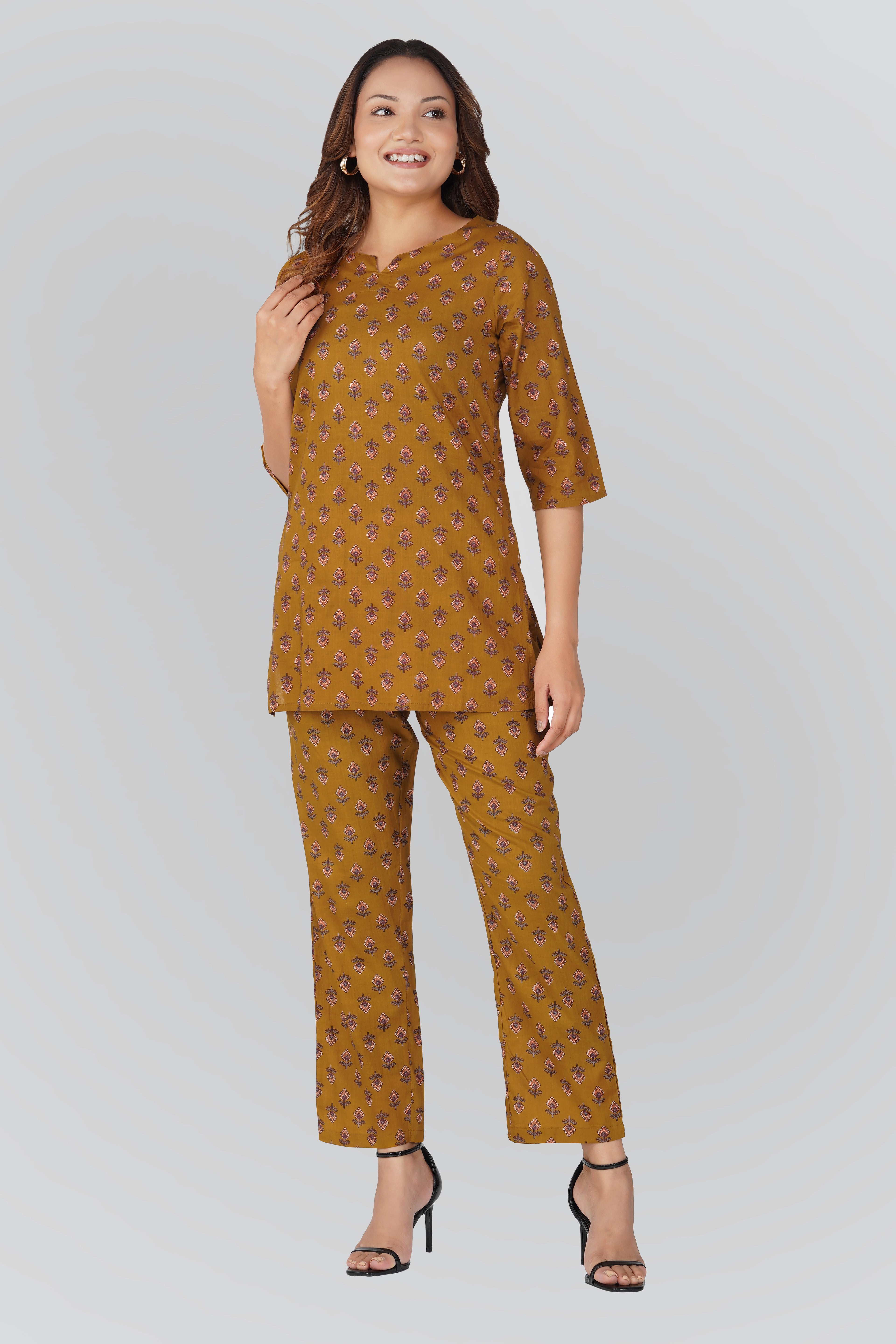 Dark Mustard Cotton Printed Pyjama Set