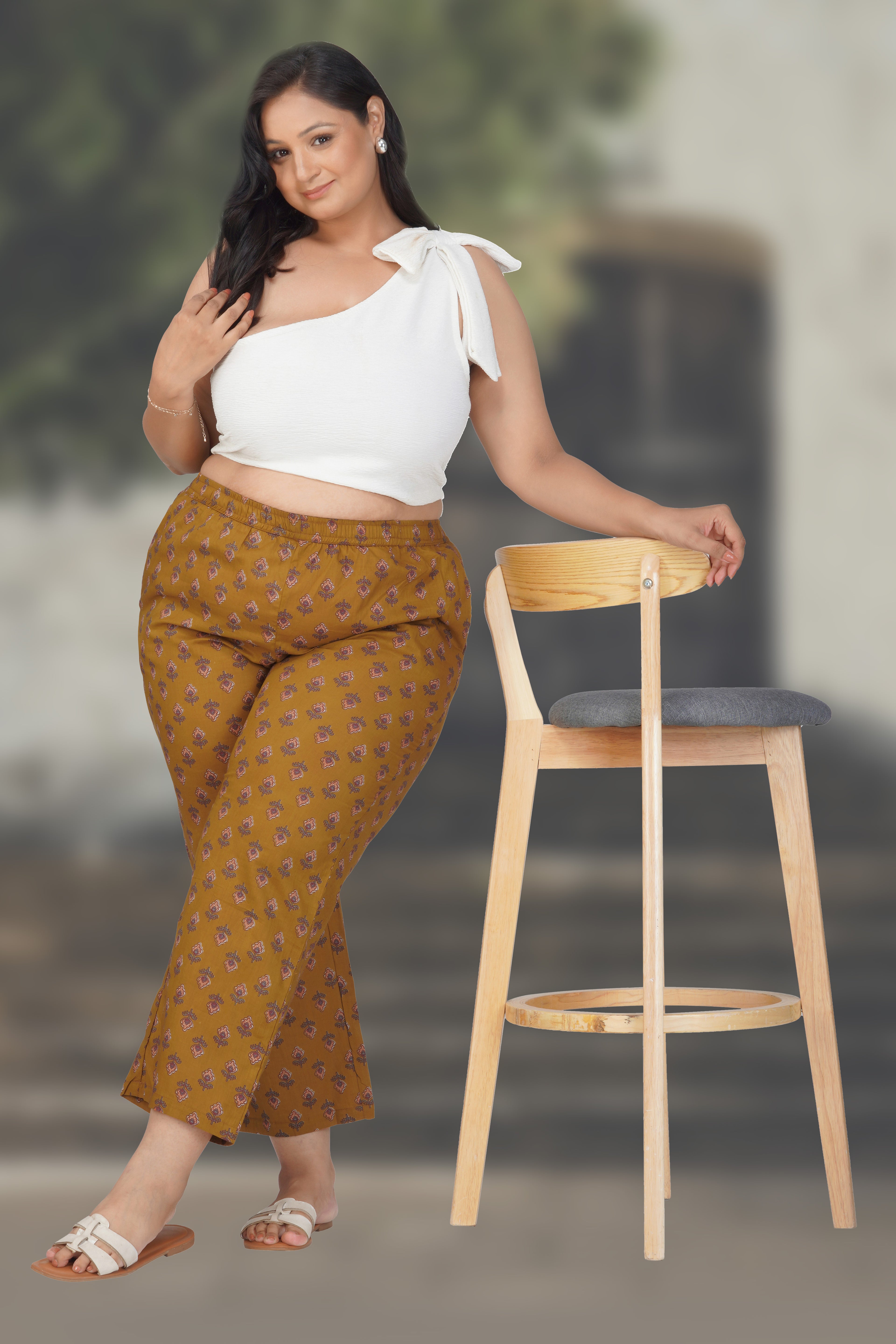 Dark Mustard Plus Size Cotton Printed Bottom