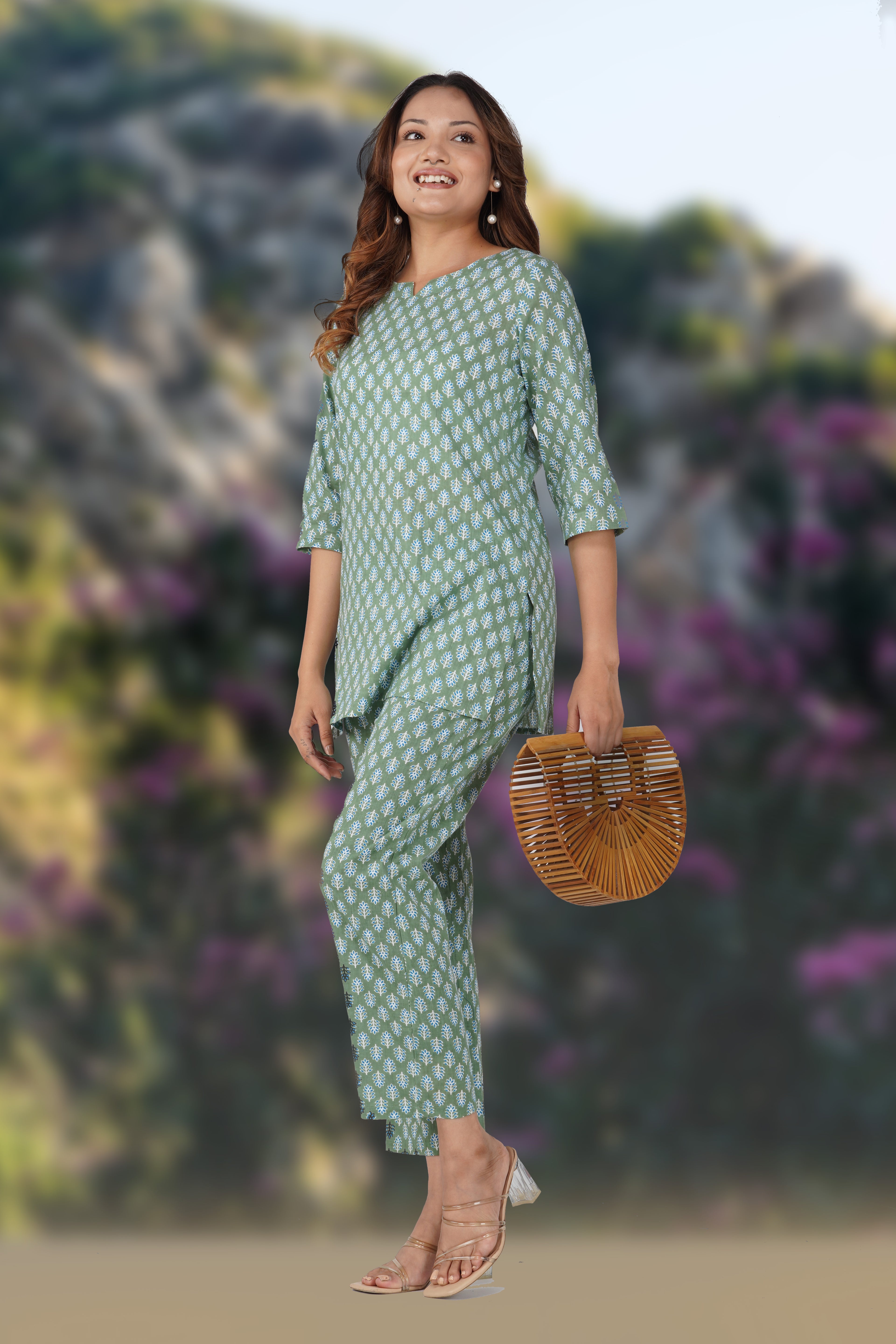 Dark Sea Green Cotton Printed Pyjama Set