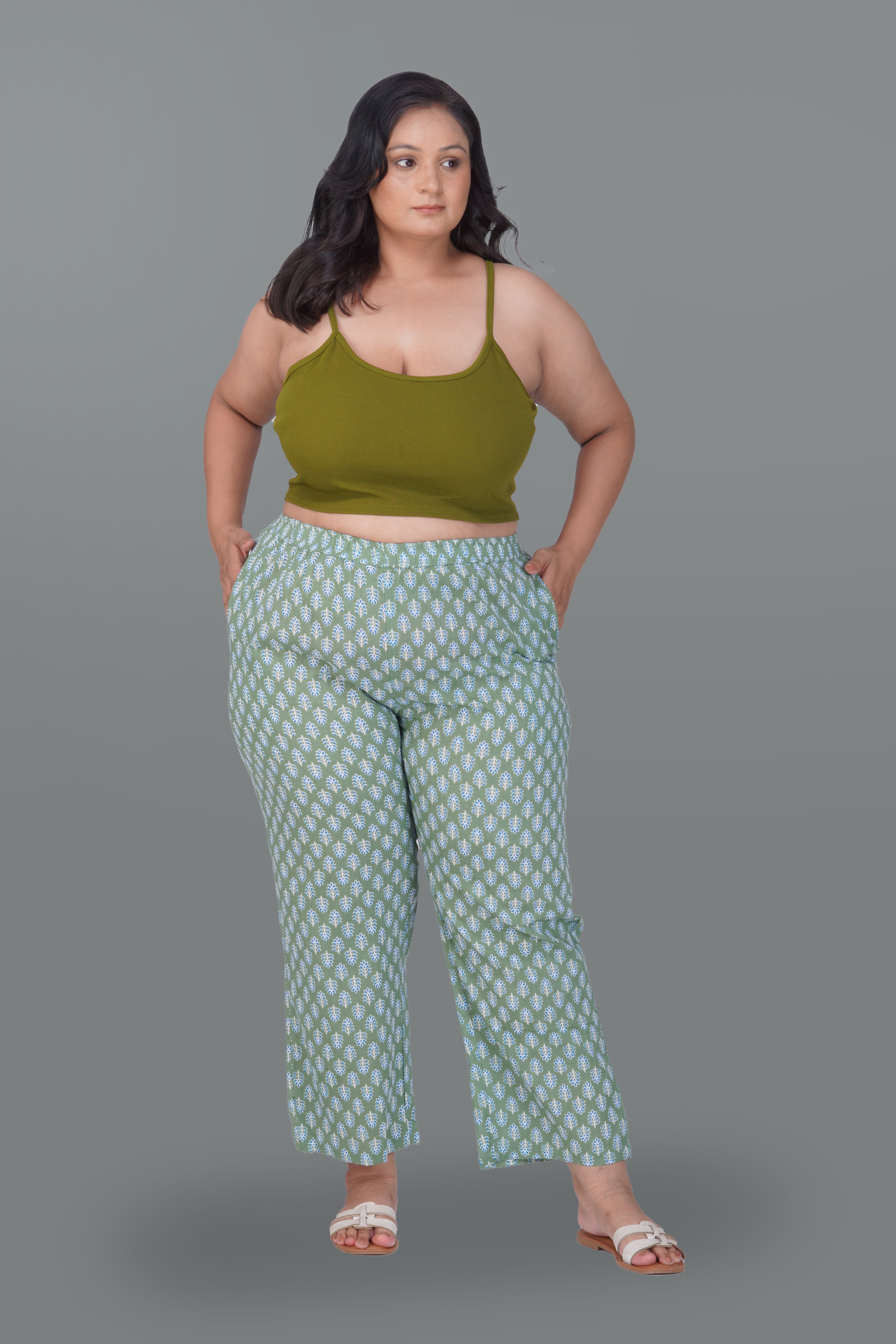 Dark Sea Green Plus Size Cotton Printed Bottom