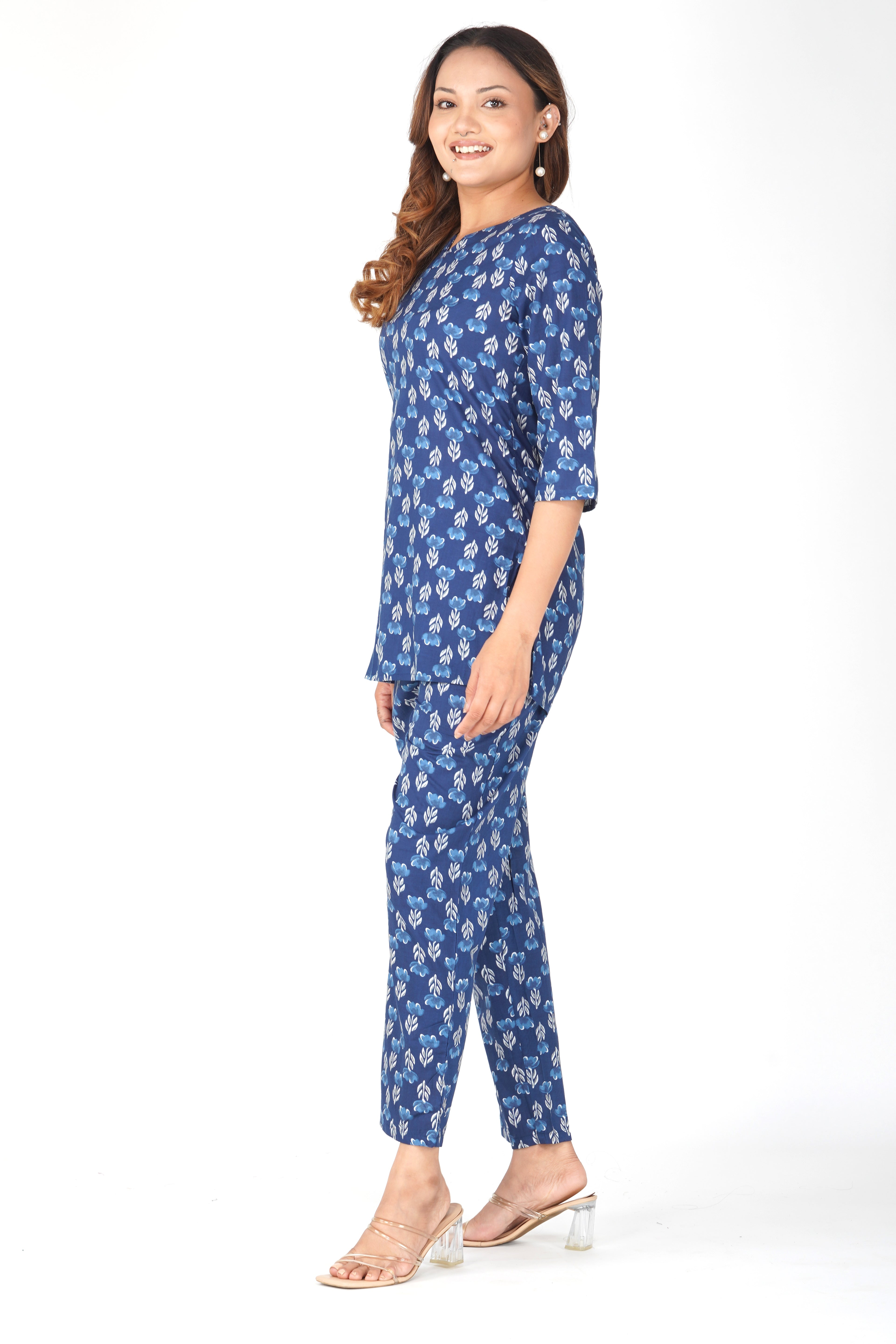 Dark Midnight Blue Cotton Printed Pyjama Set