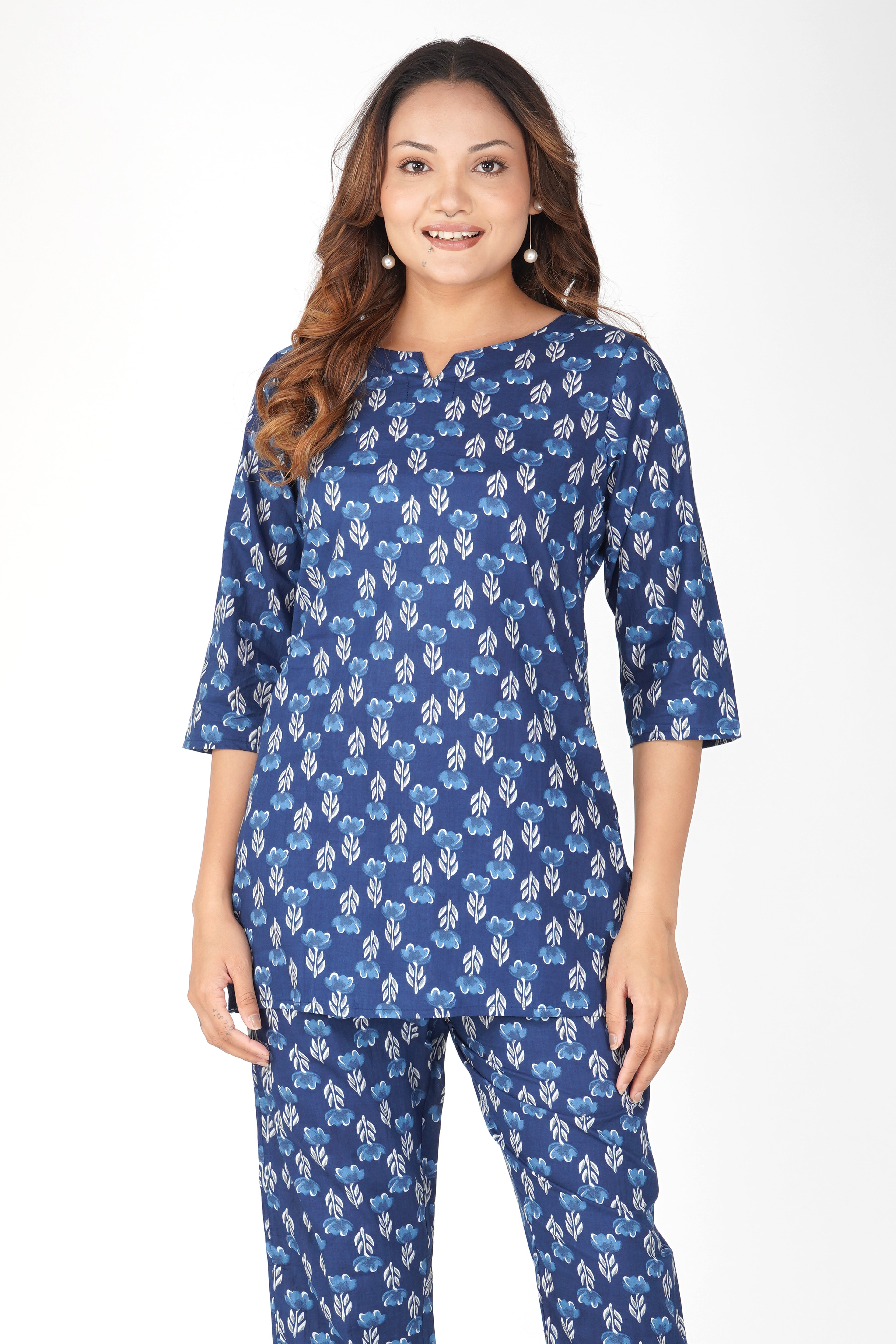 Dark Midnight Blue Cotton Printed Pyjama Set