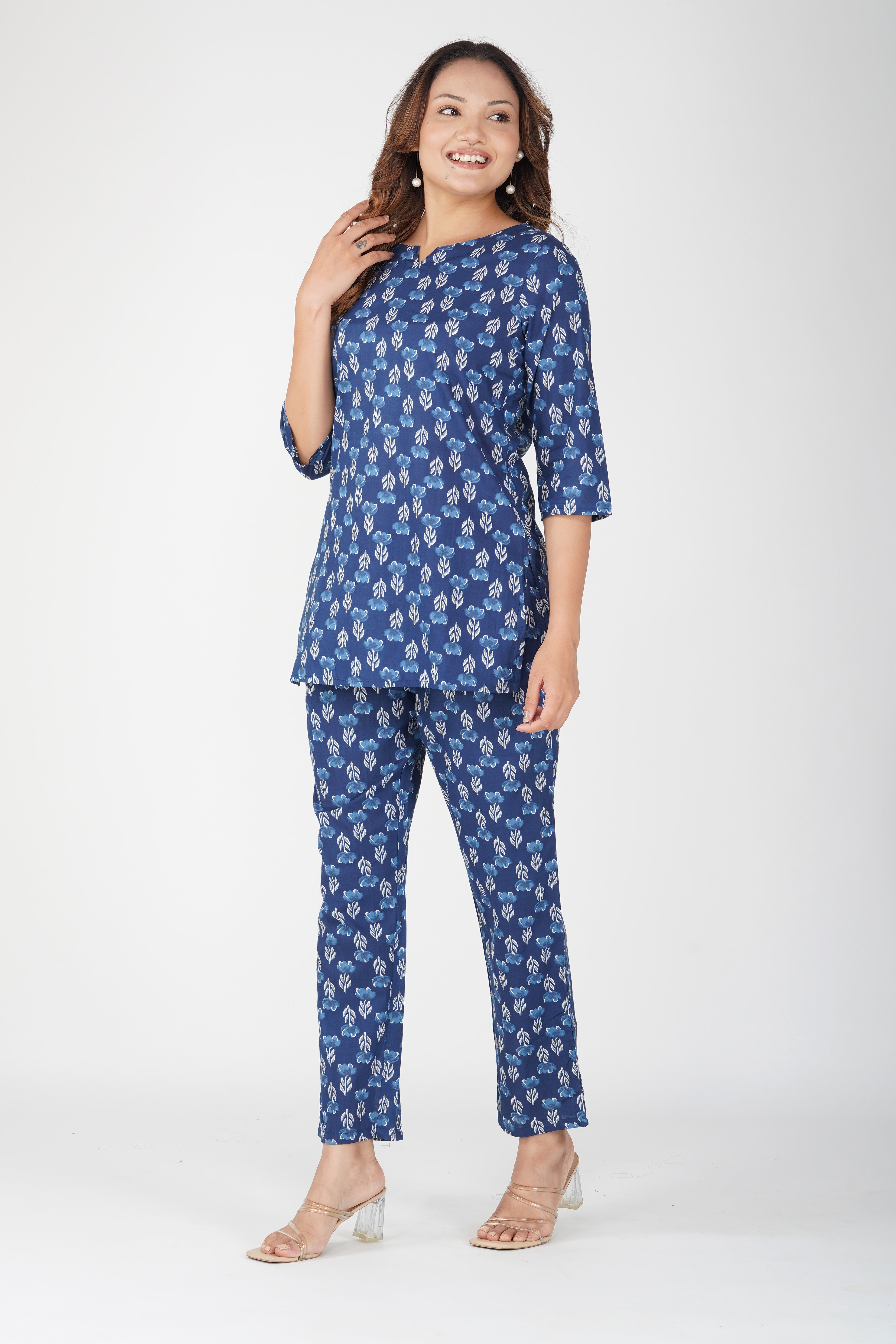 Dark Midnight Blue Cotton Printed Pyjama Set