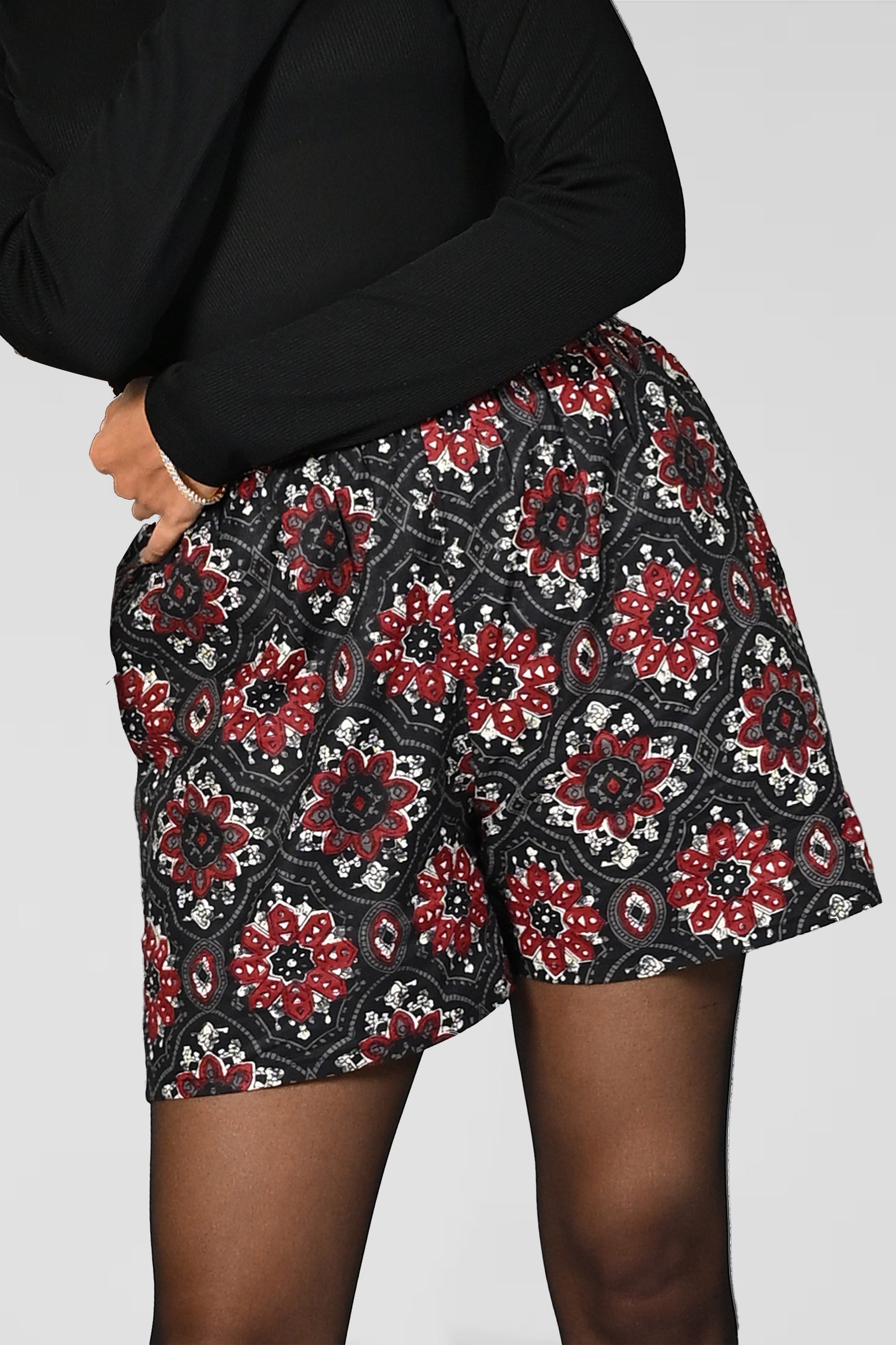 Dark Blue Black Cotton Printed Shorts