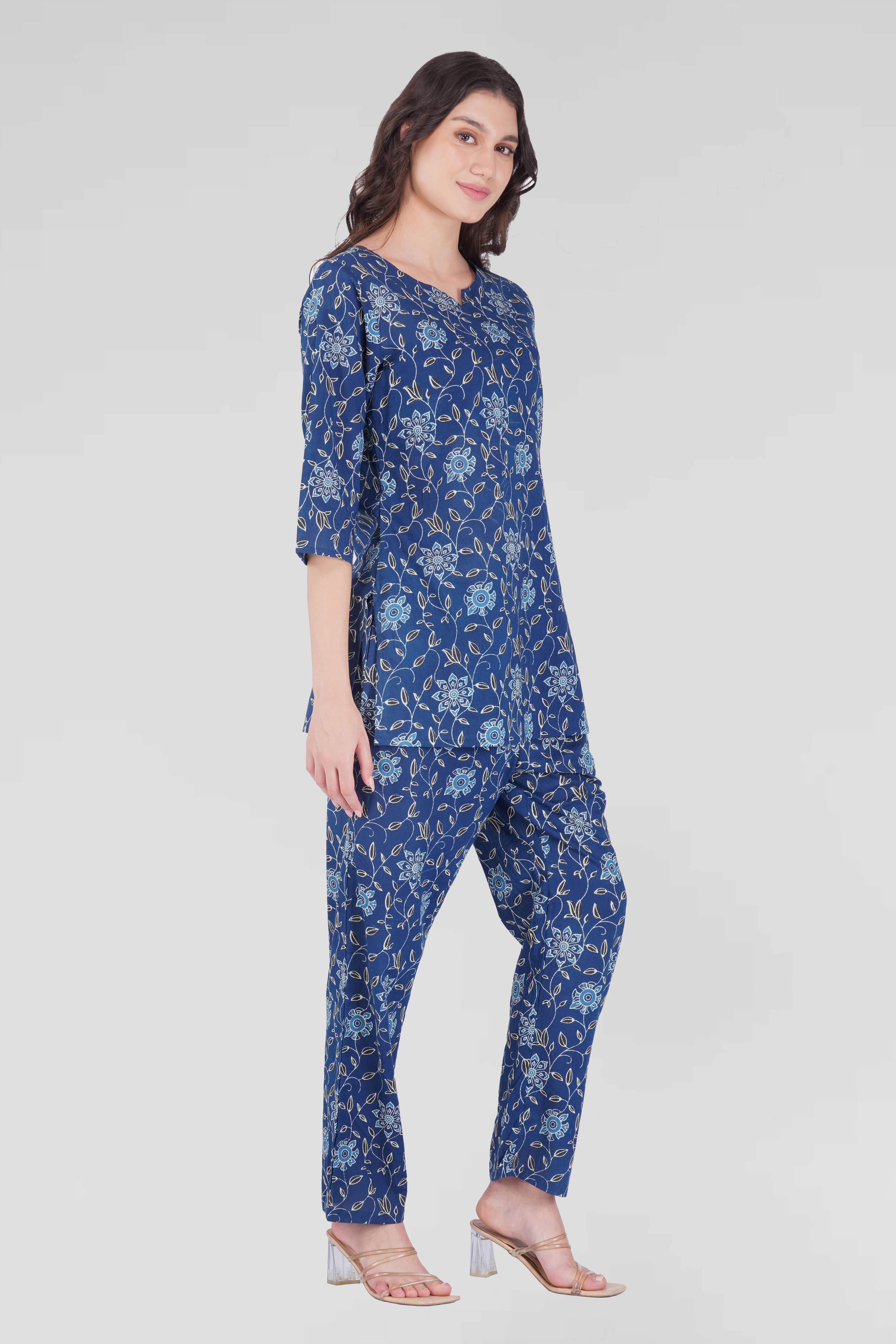 Dark Blue Cotton Printed Pyjama Set