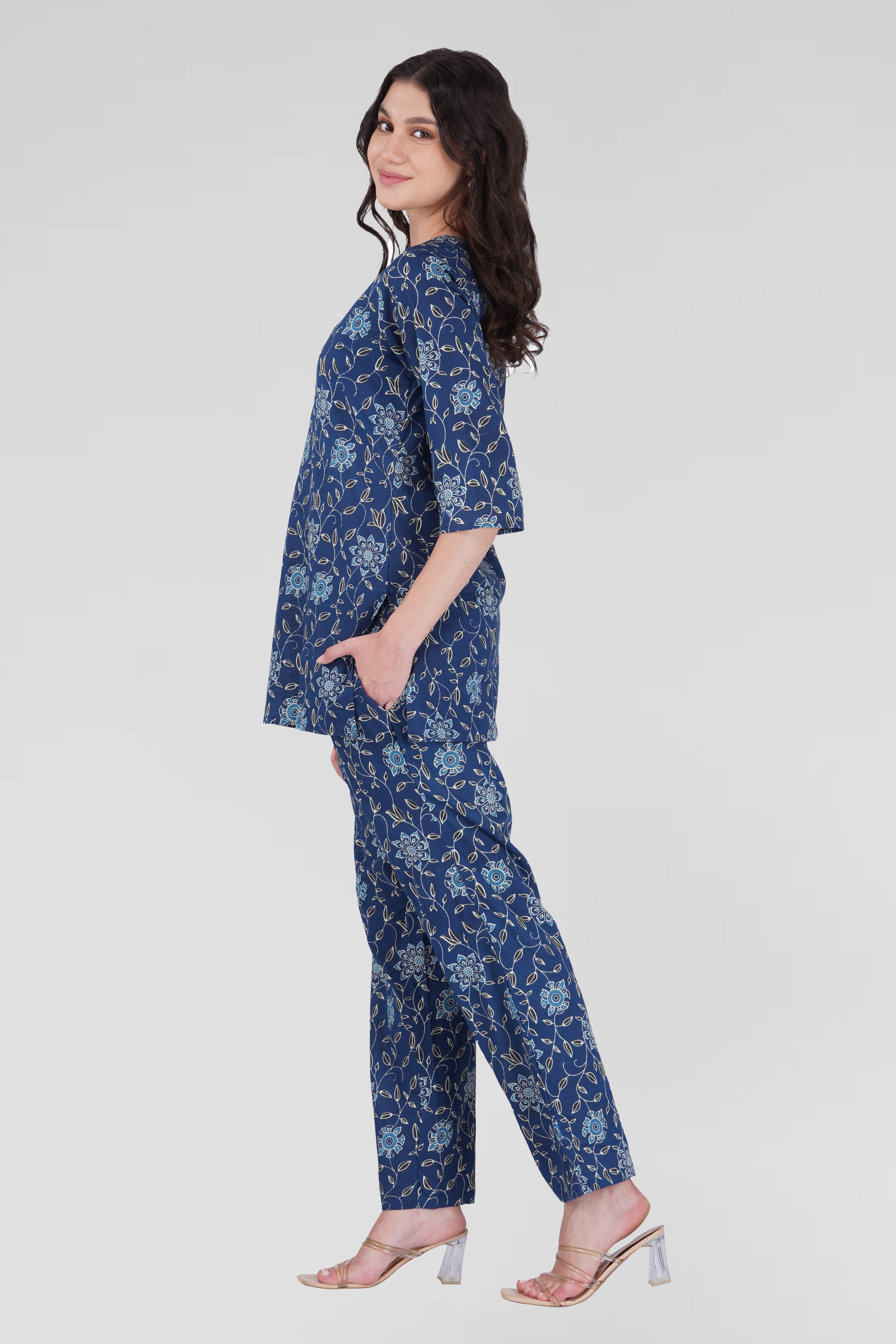 Dark Blue Cotton Printed Pyjama Set