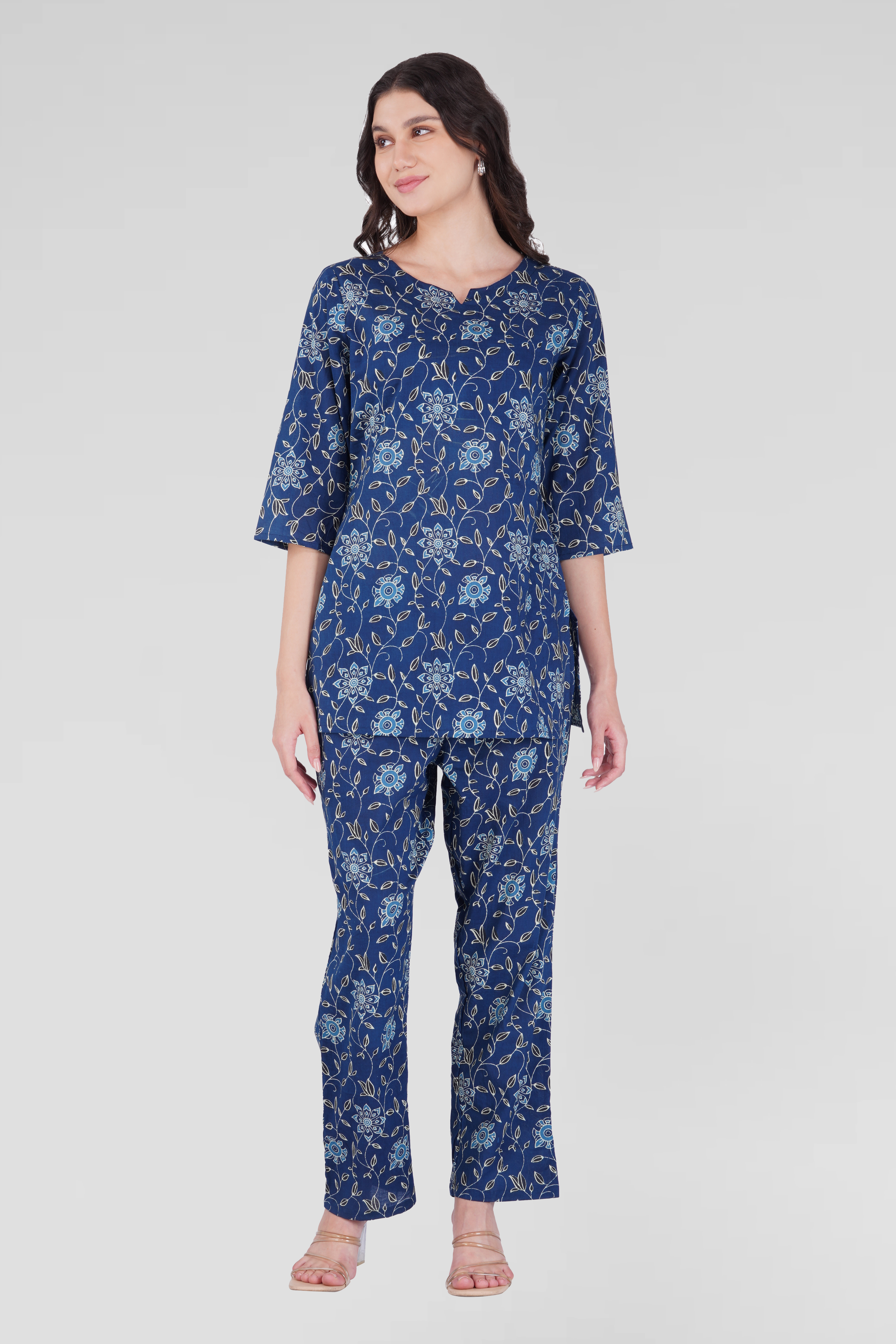 Dark Blue Cotton Printed Pyjama Set