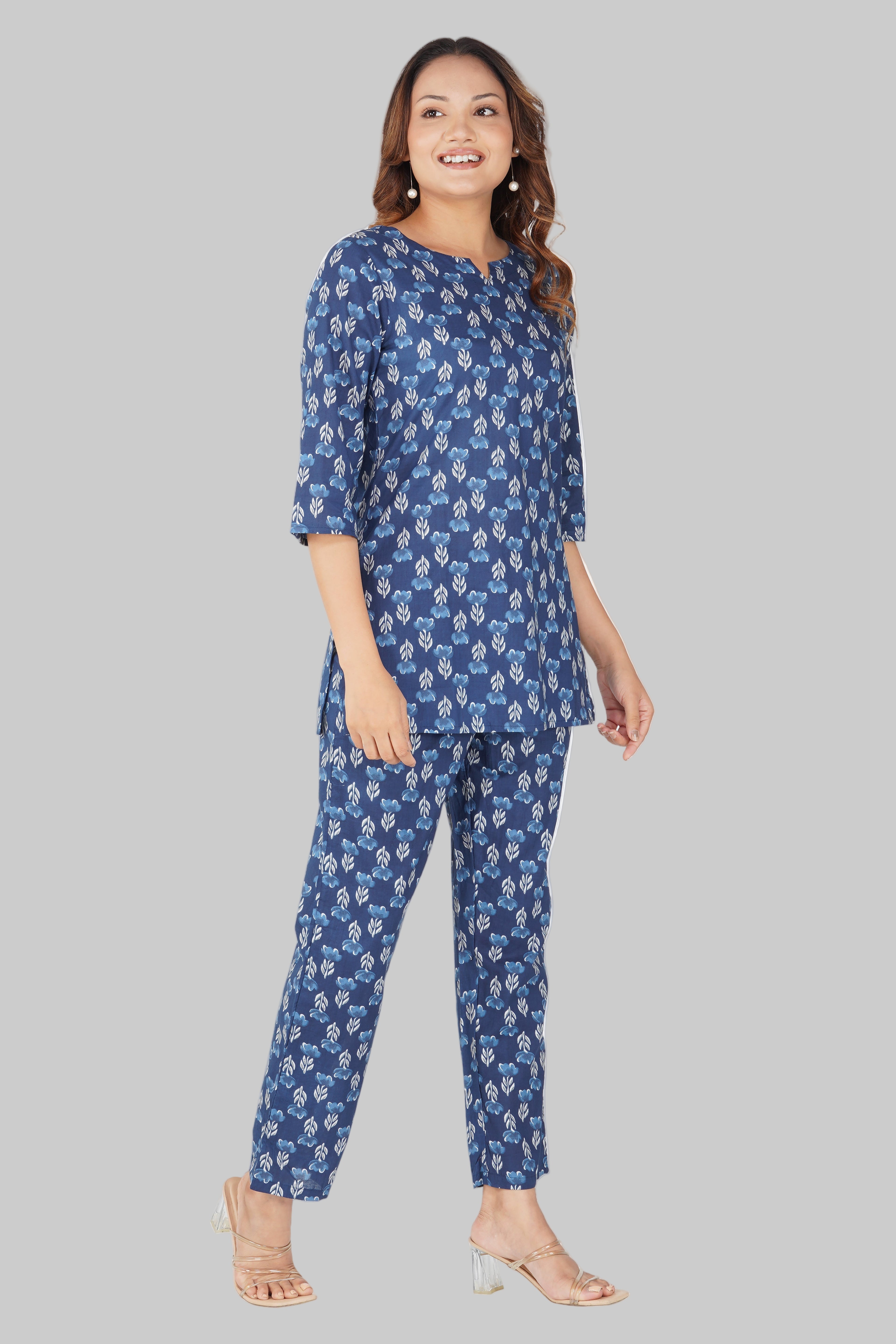 Dark Midnight Blue Cotton Printed Pyjama Set