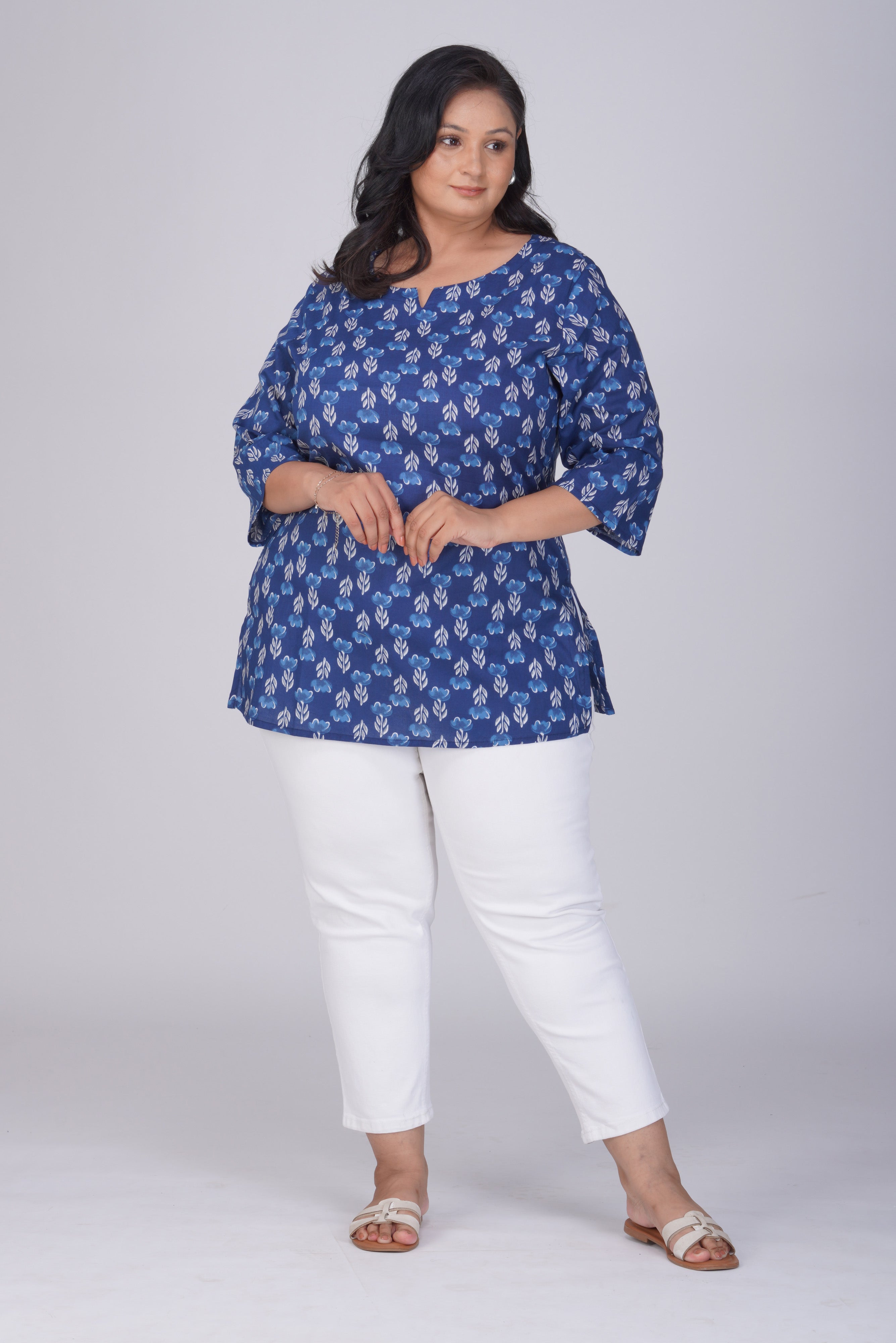 Dark Midnight Blue Plus Size Cotton Printed Kurti