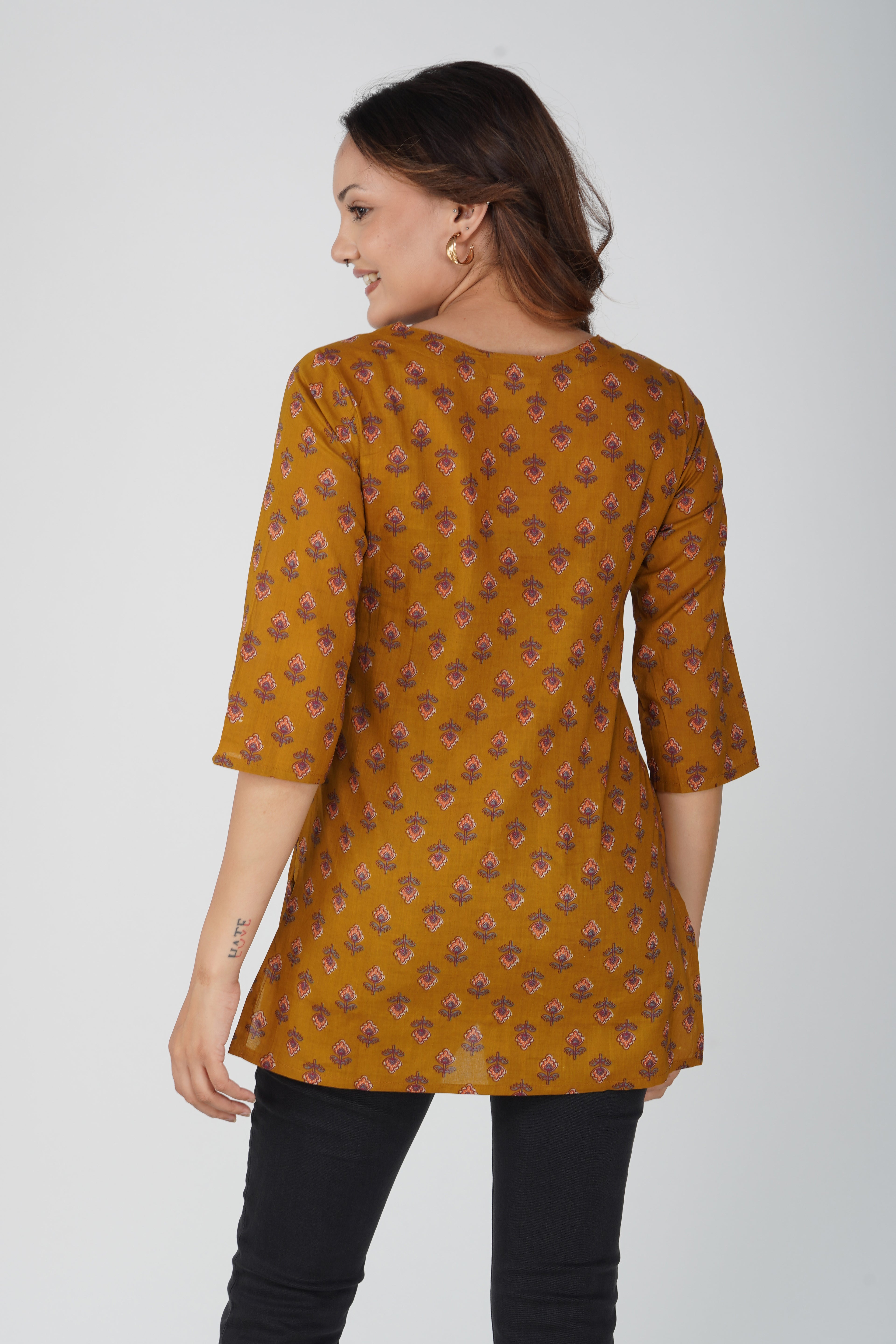 Dark Mustard Cotton Printed Kurti