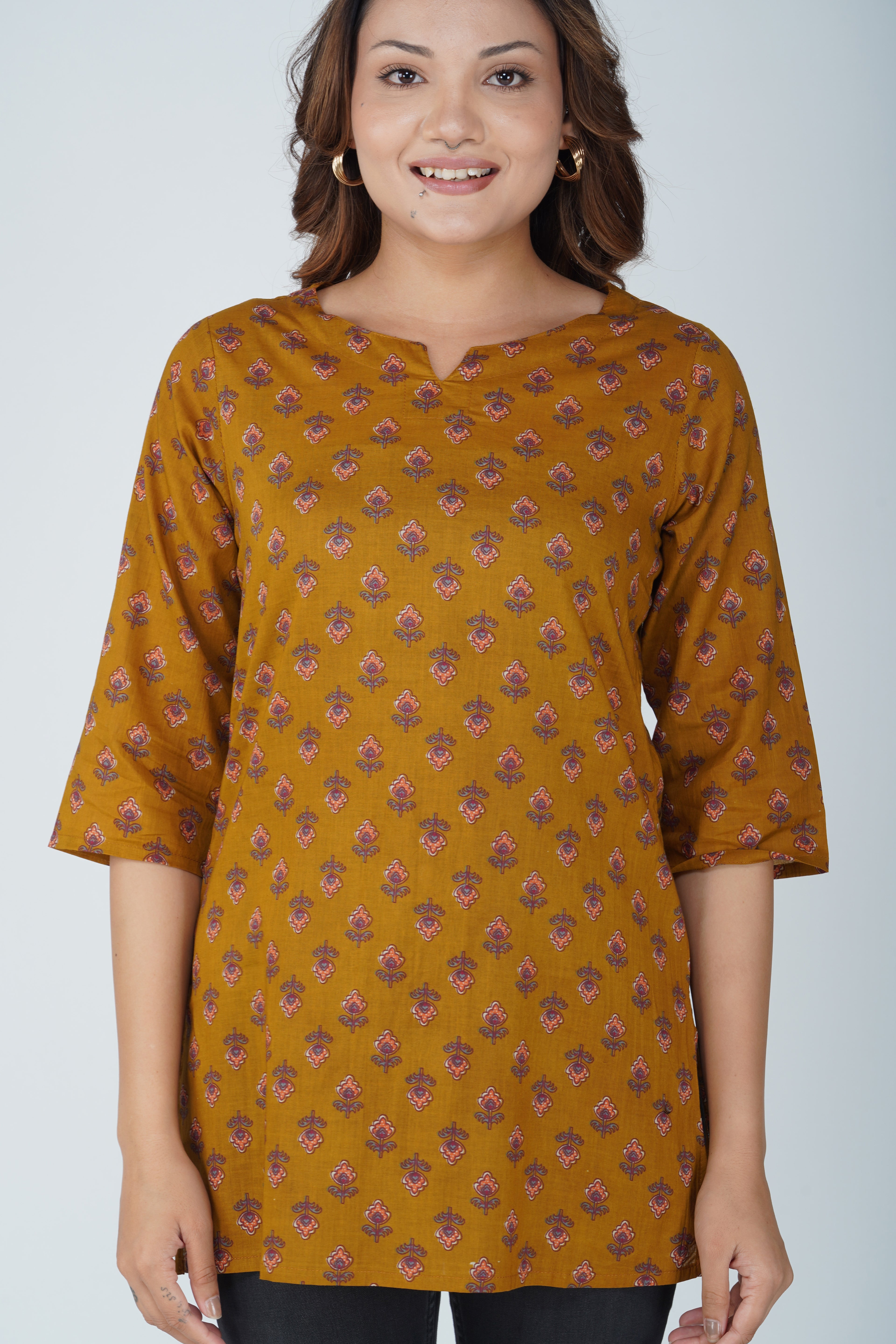 Dark Mustard Cotton Printed Kurti