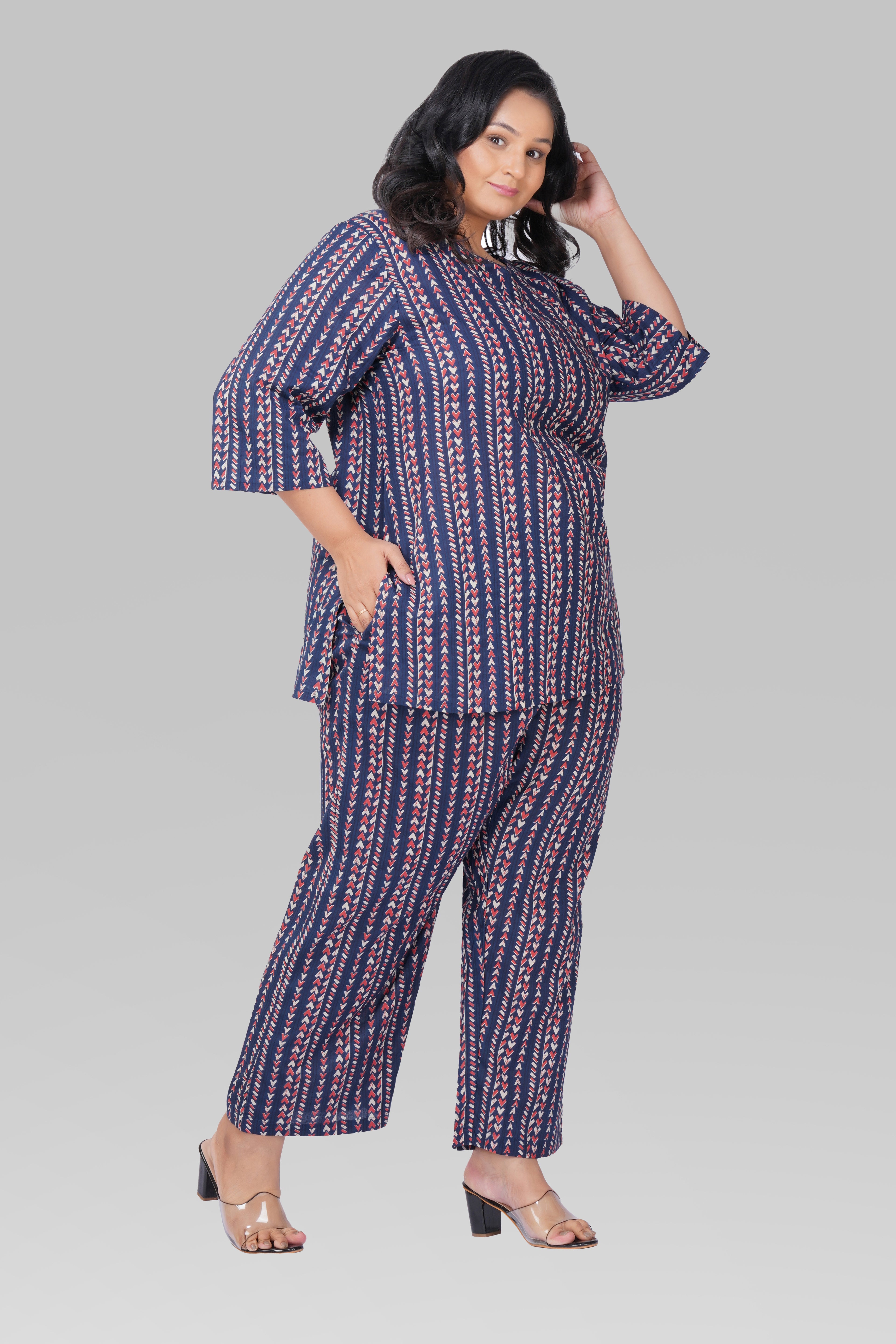 Dark Navy Plus Size Cotton Printed Pyjama Set