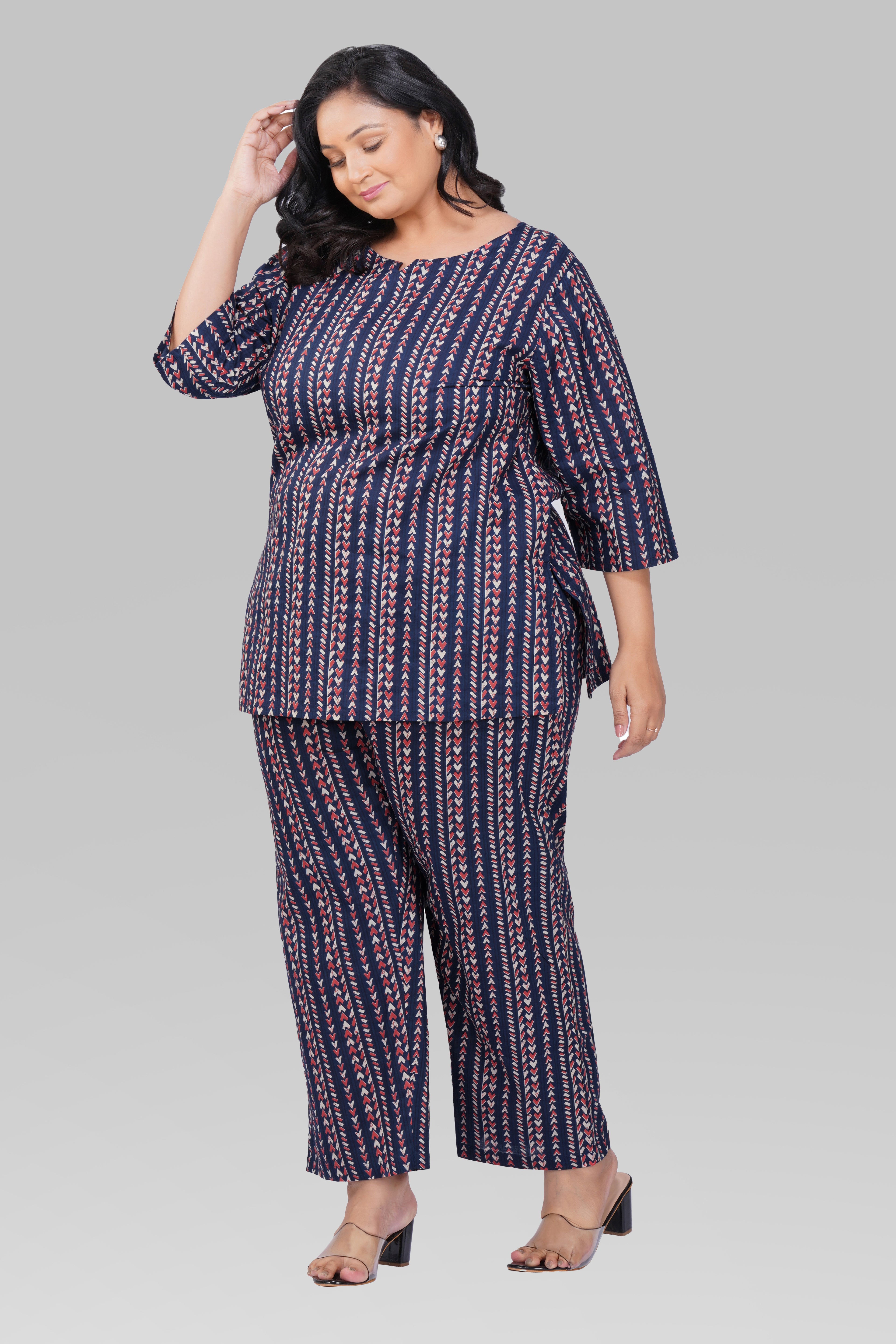 Dark Navy Plus Size Cotton Printed Pyjama Set