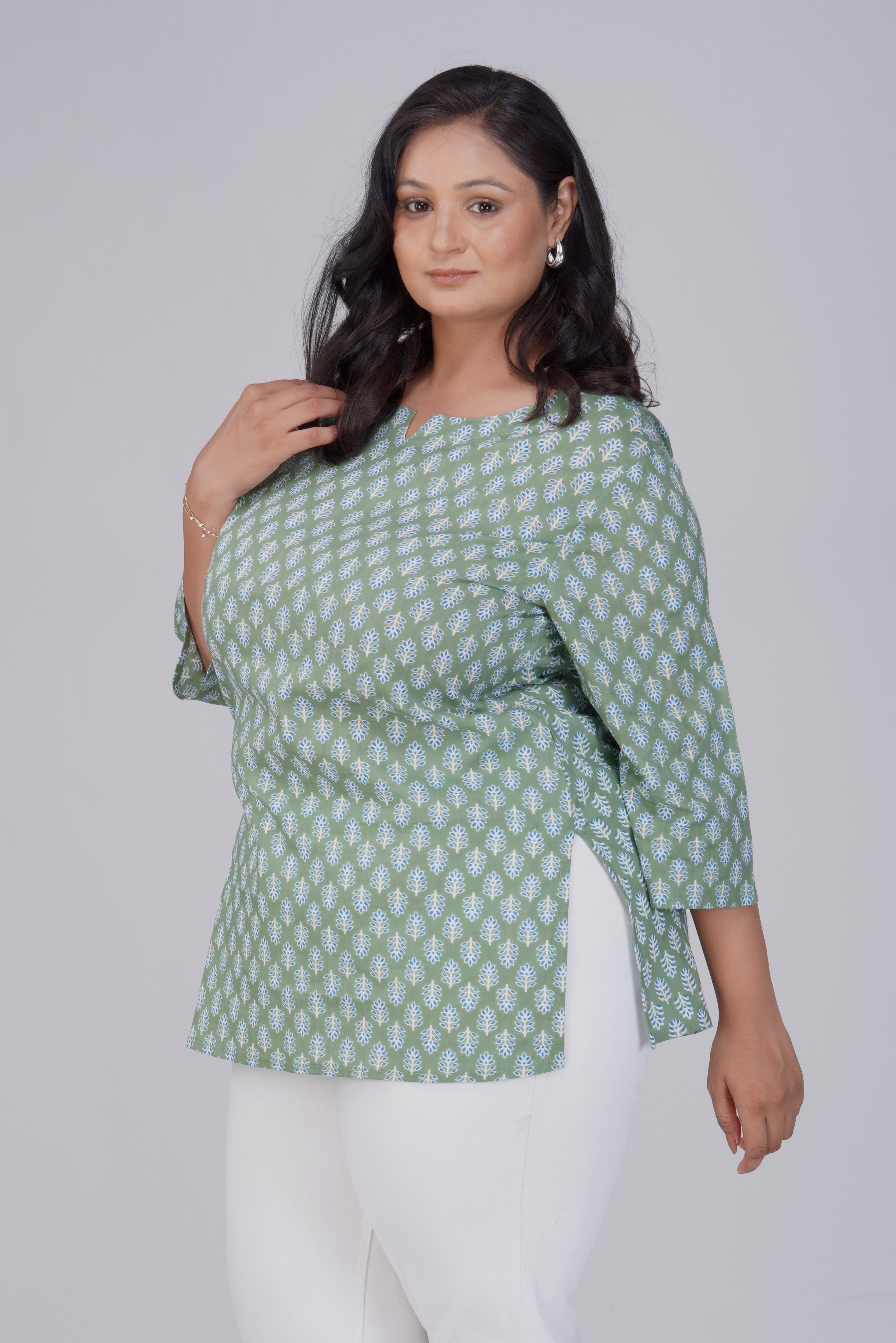 Dark Sea Green Plus Size Cotton Printed Kurti