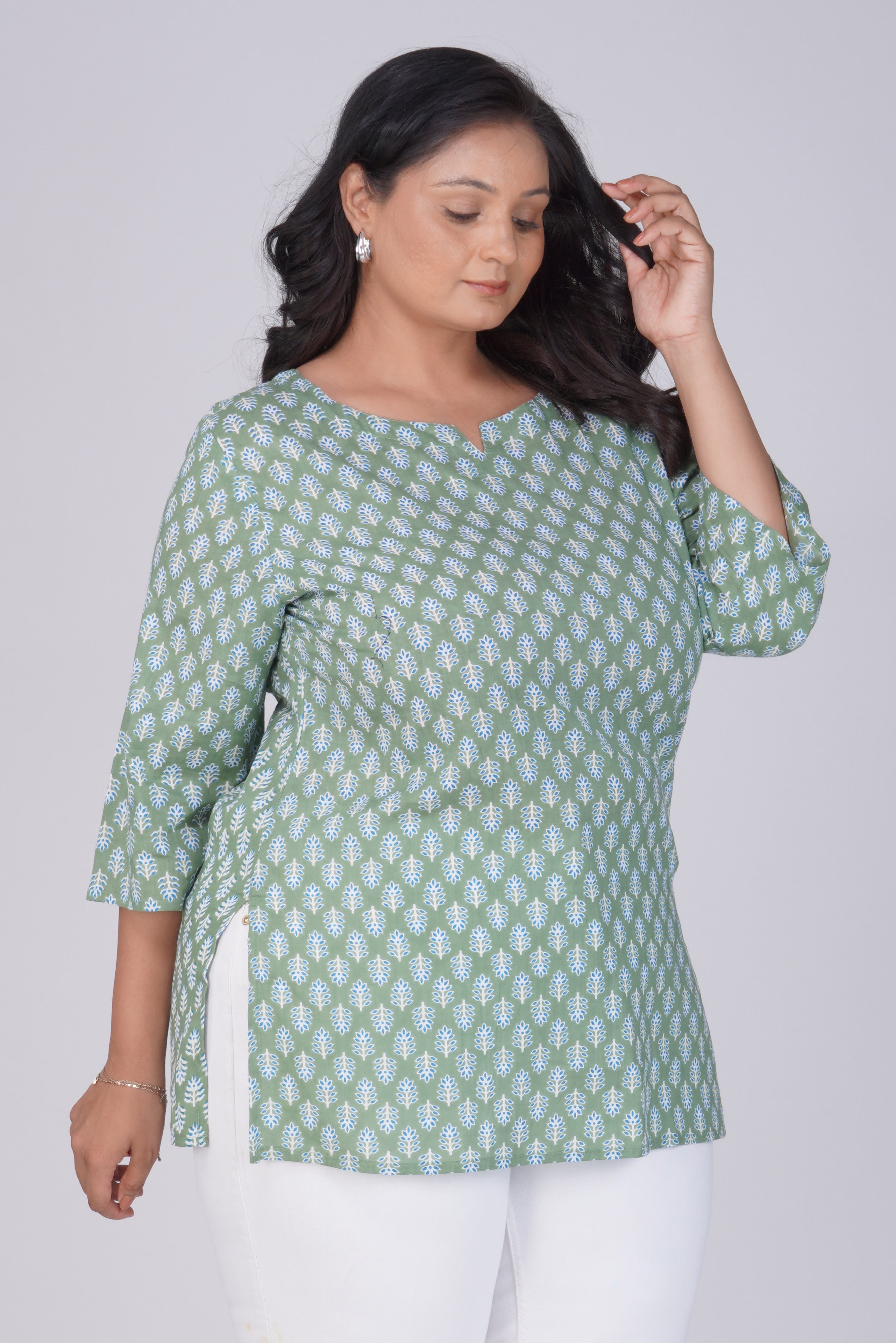 Dark Sea Green Plus Size Cotton Printed Kurti