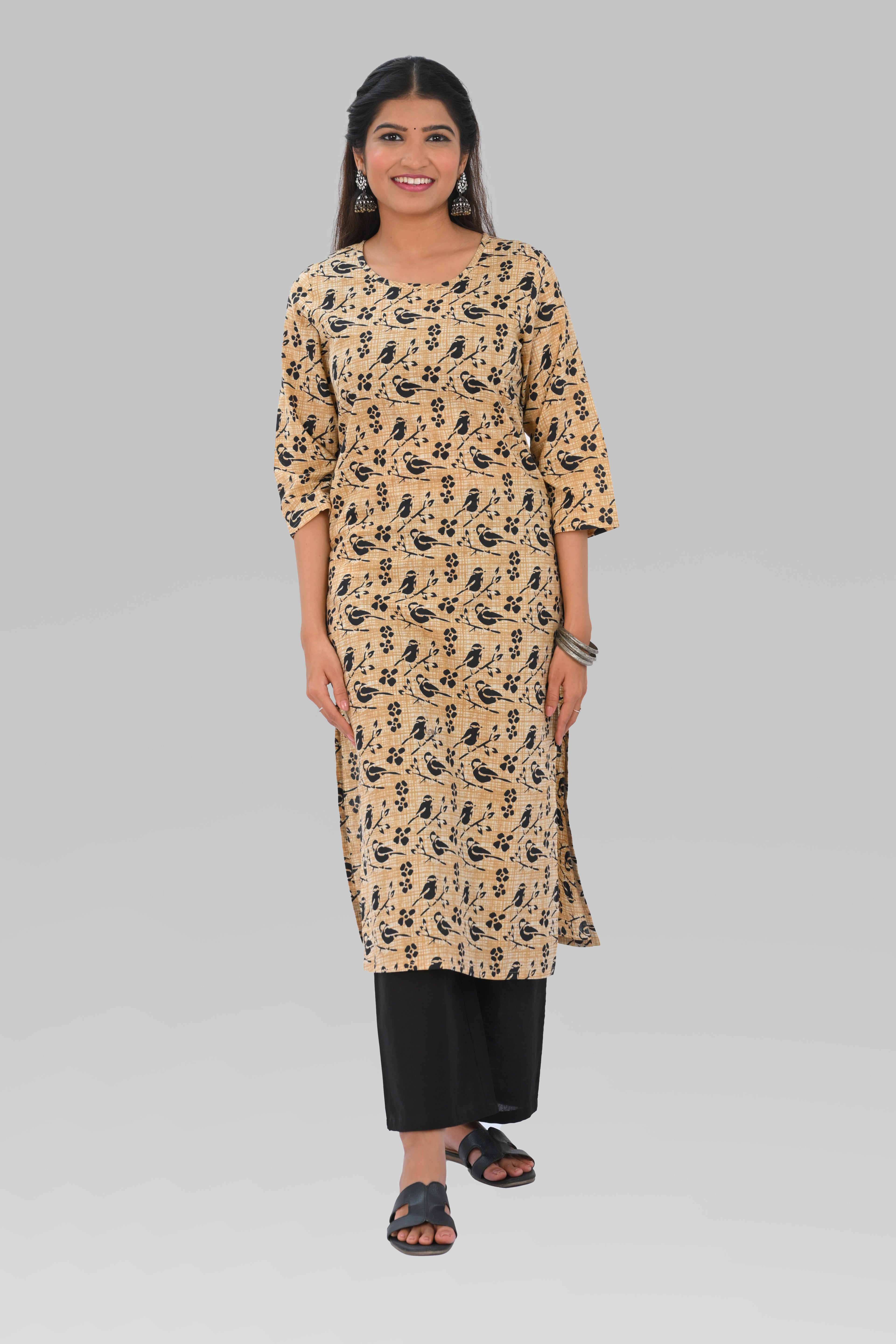 Dark Vanilla Cotton Printed Kurta Set