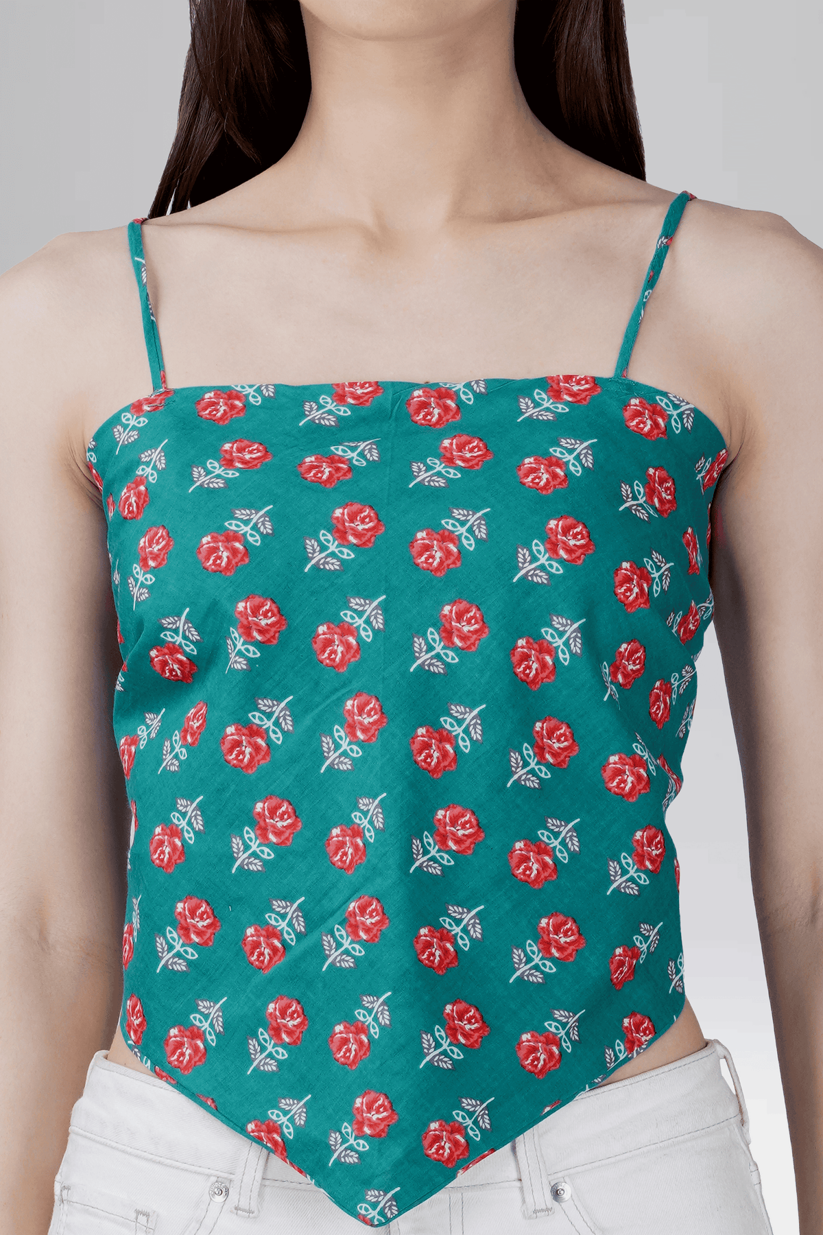 Dark Aqua Cotton Printed Scarf Top