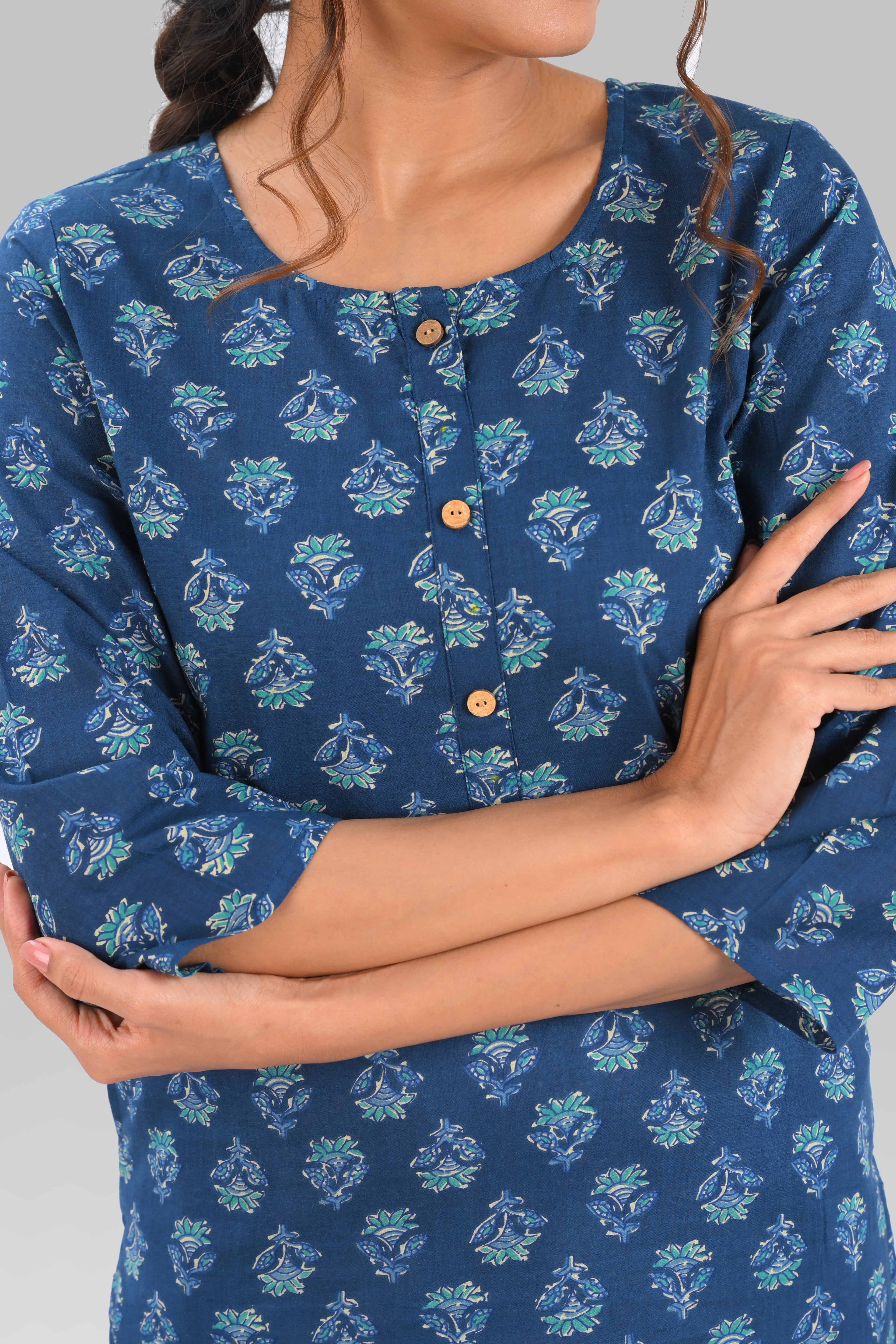 Dark Blue Cotton Printed Long Kurta
