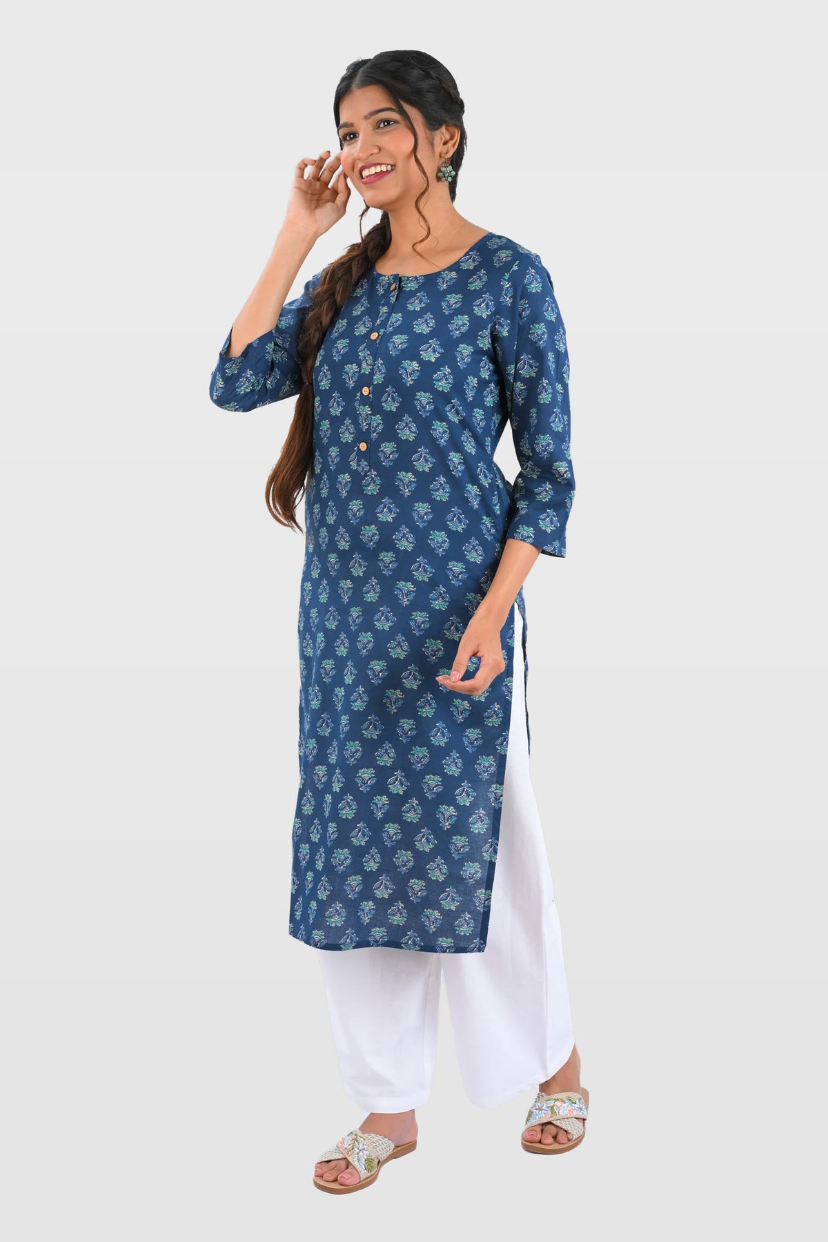 Dark Blue Cotton Printed Long Kurta