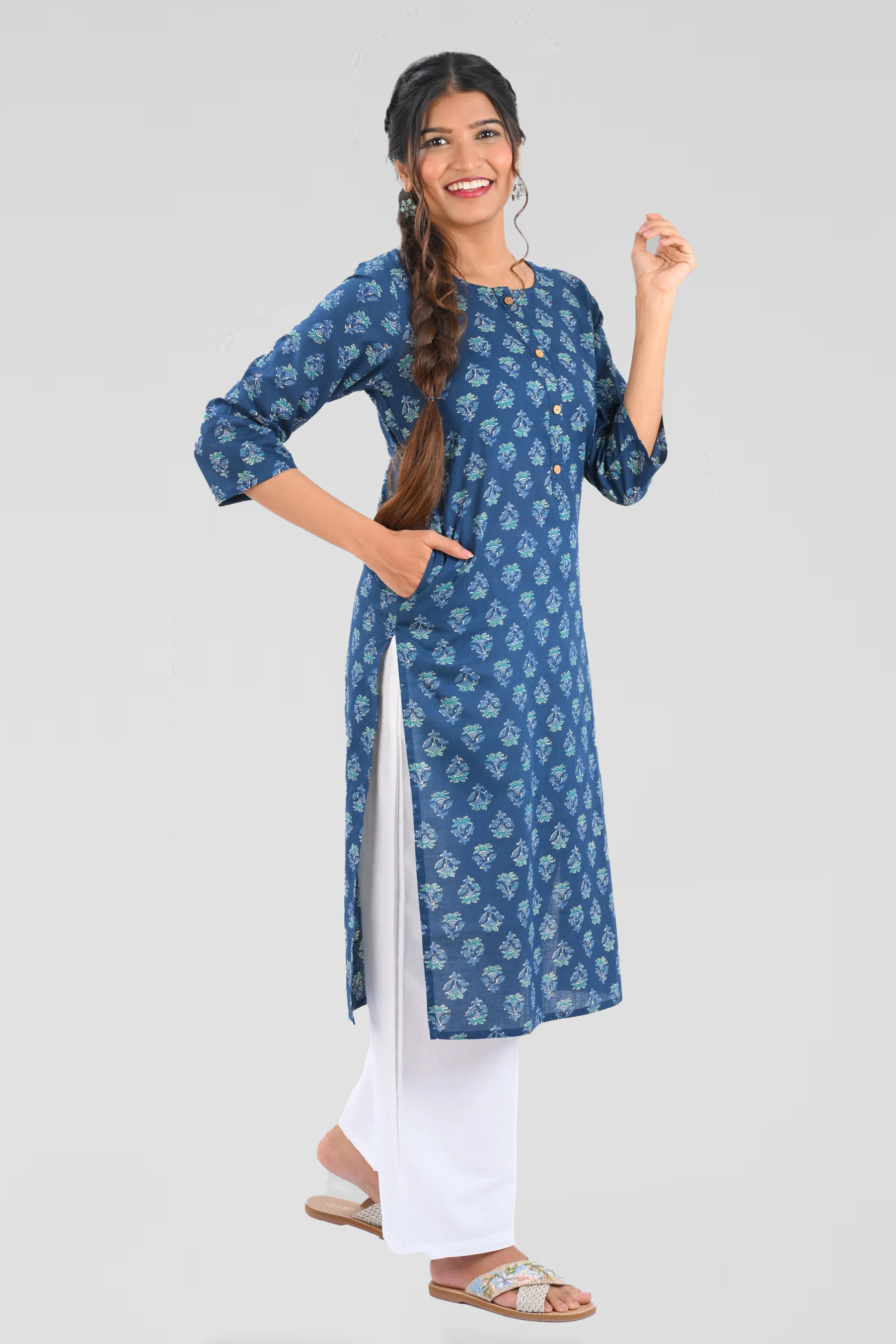Dark Blue Cotton Printed Long Kurta