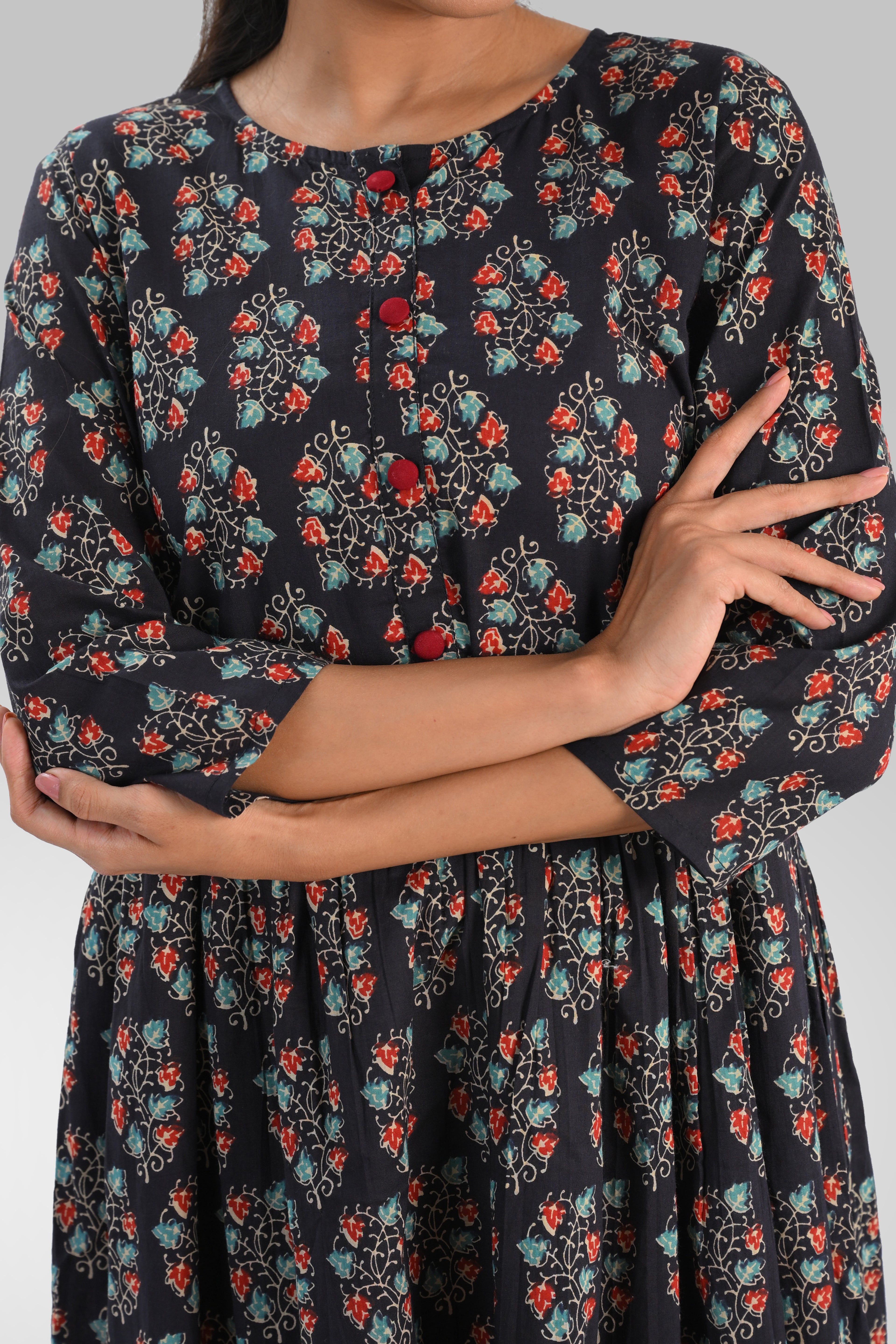 Dark Blue Cotton Printed Midi Dress