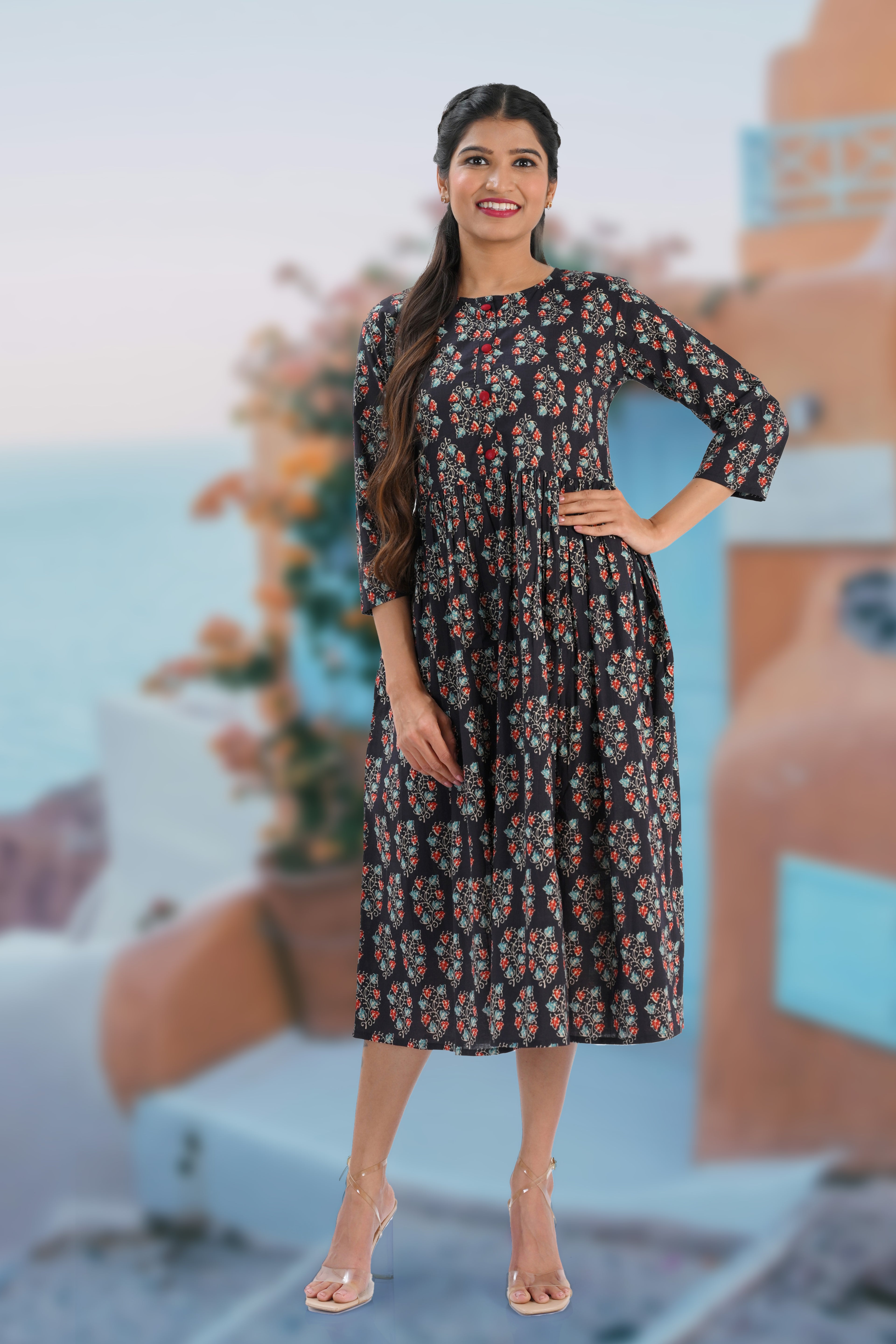 Dark Blue Cotton Printed Midi Dress