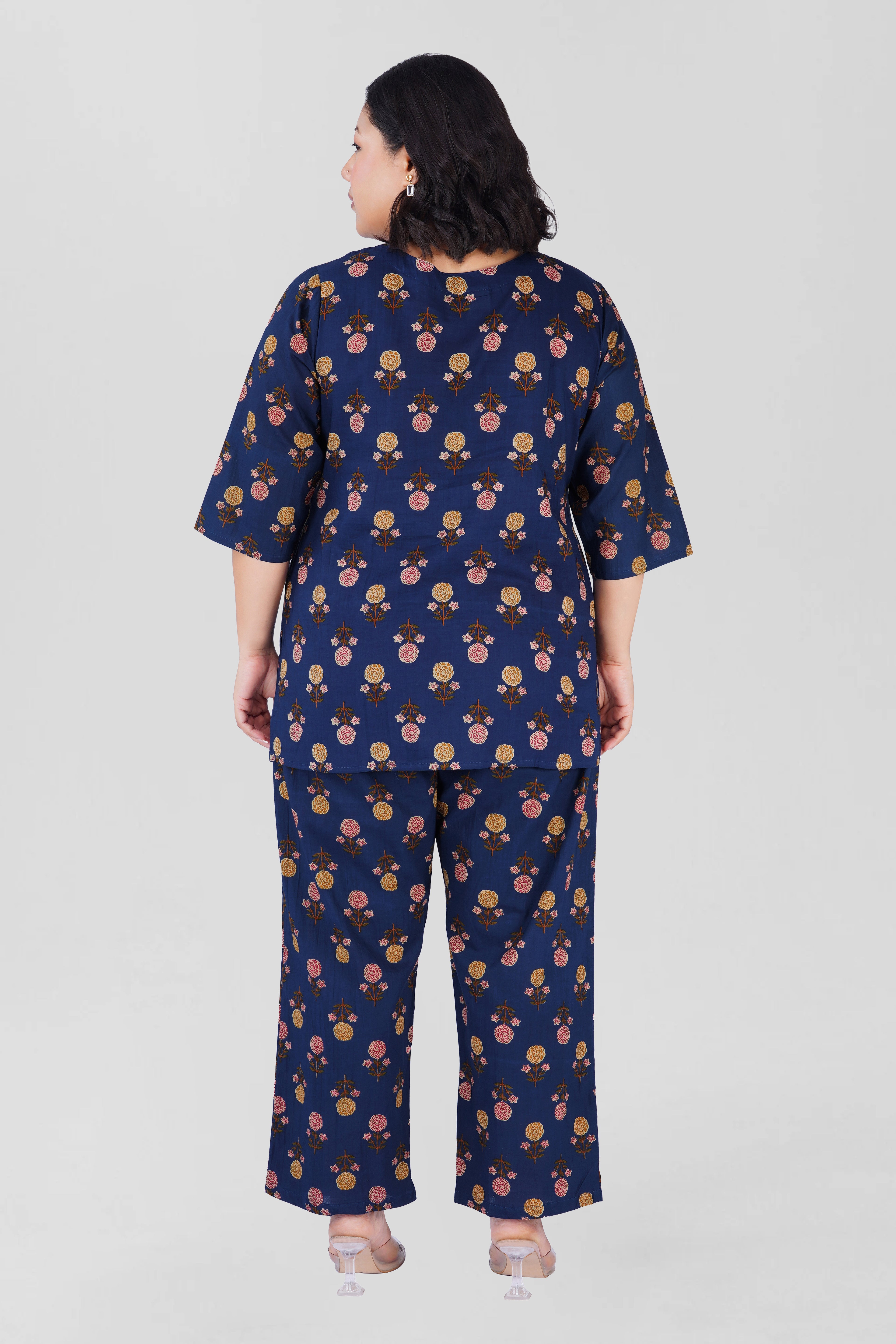 Dark Blue Plus Size Cotton Printed Pyjama Set