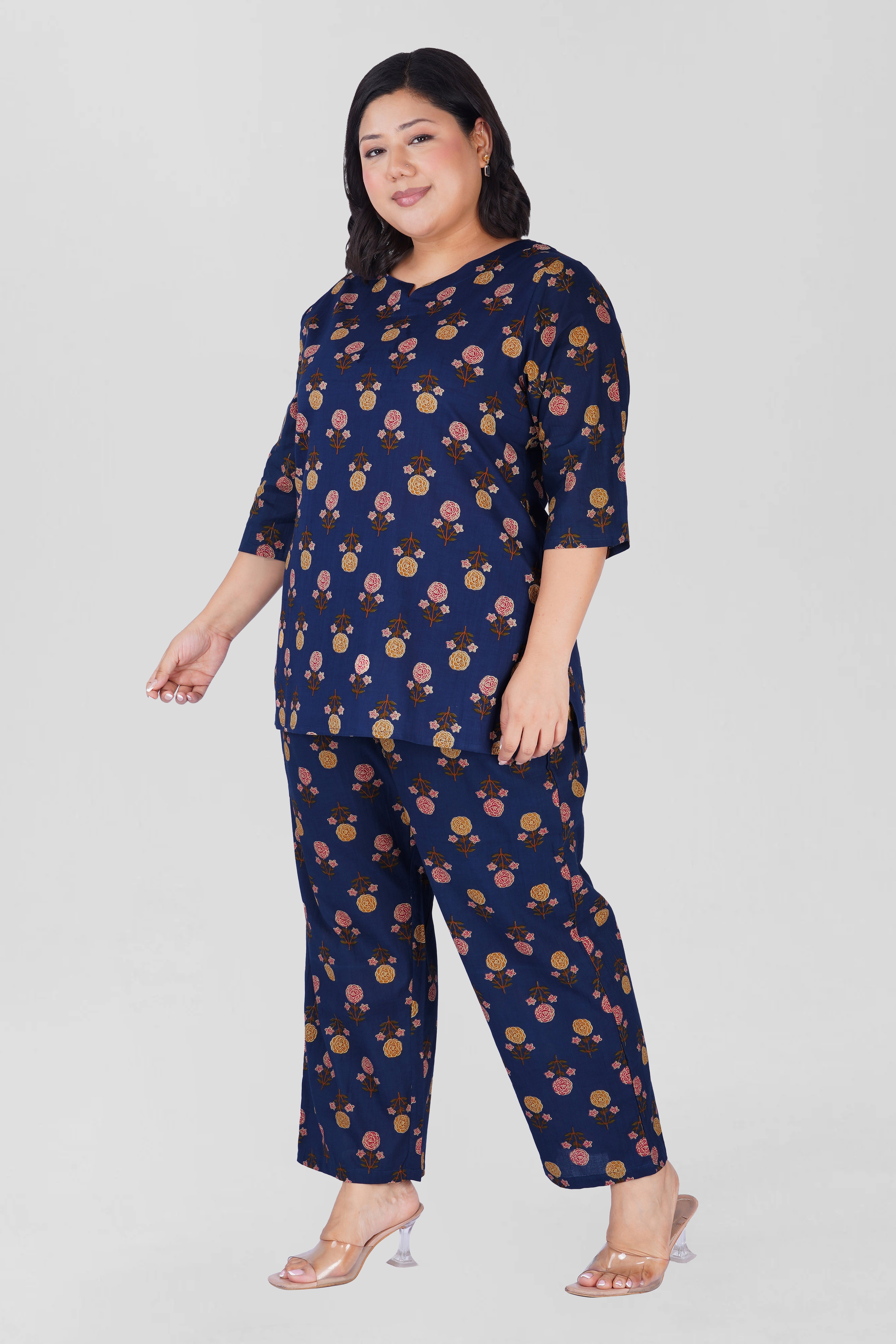 Dark Blue Plus Size Cotton Printed Pyjama Set