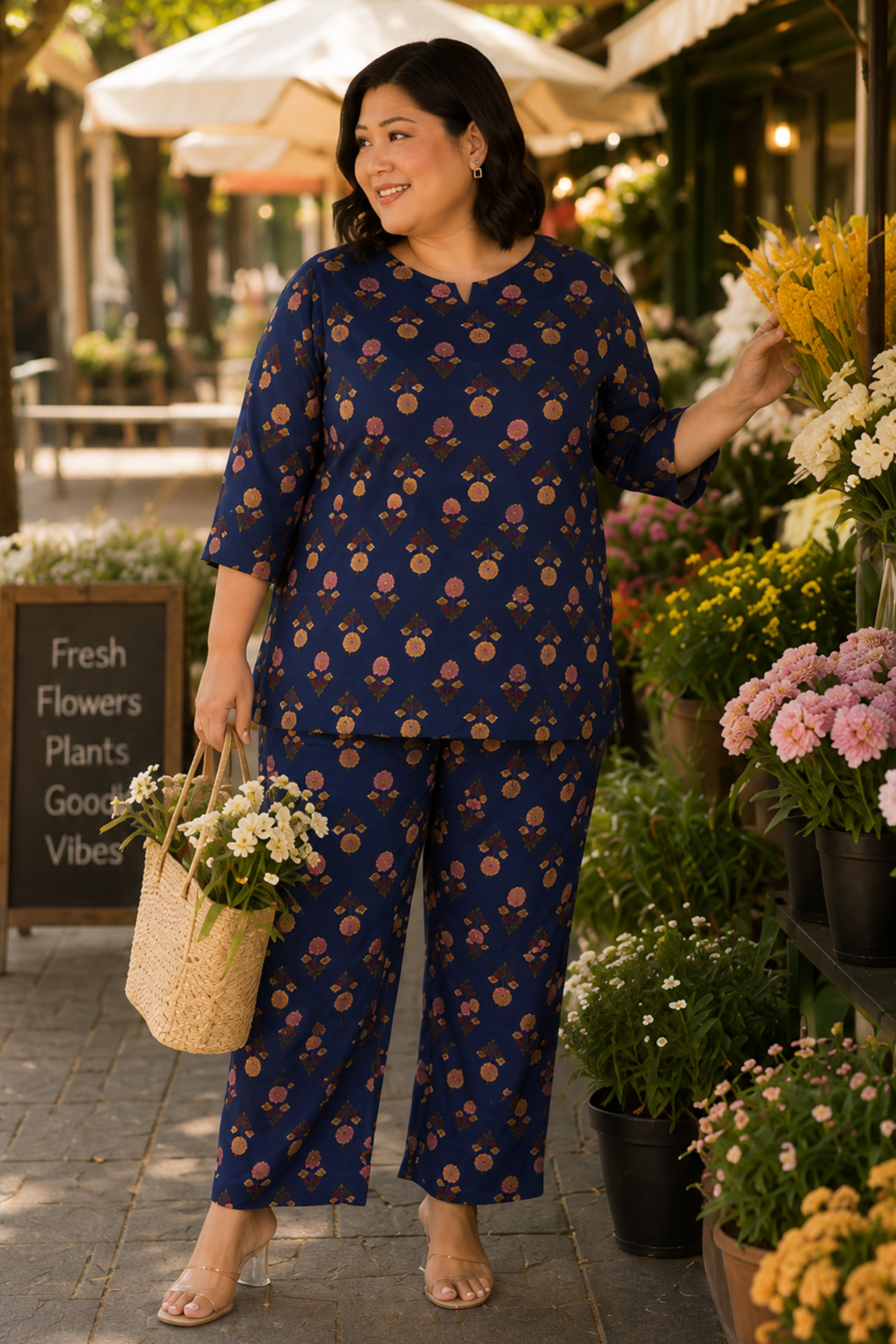 Dark Blue Plus Size Cotton Printed Pyjama Set