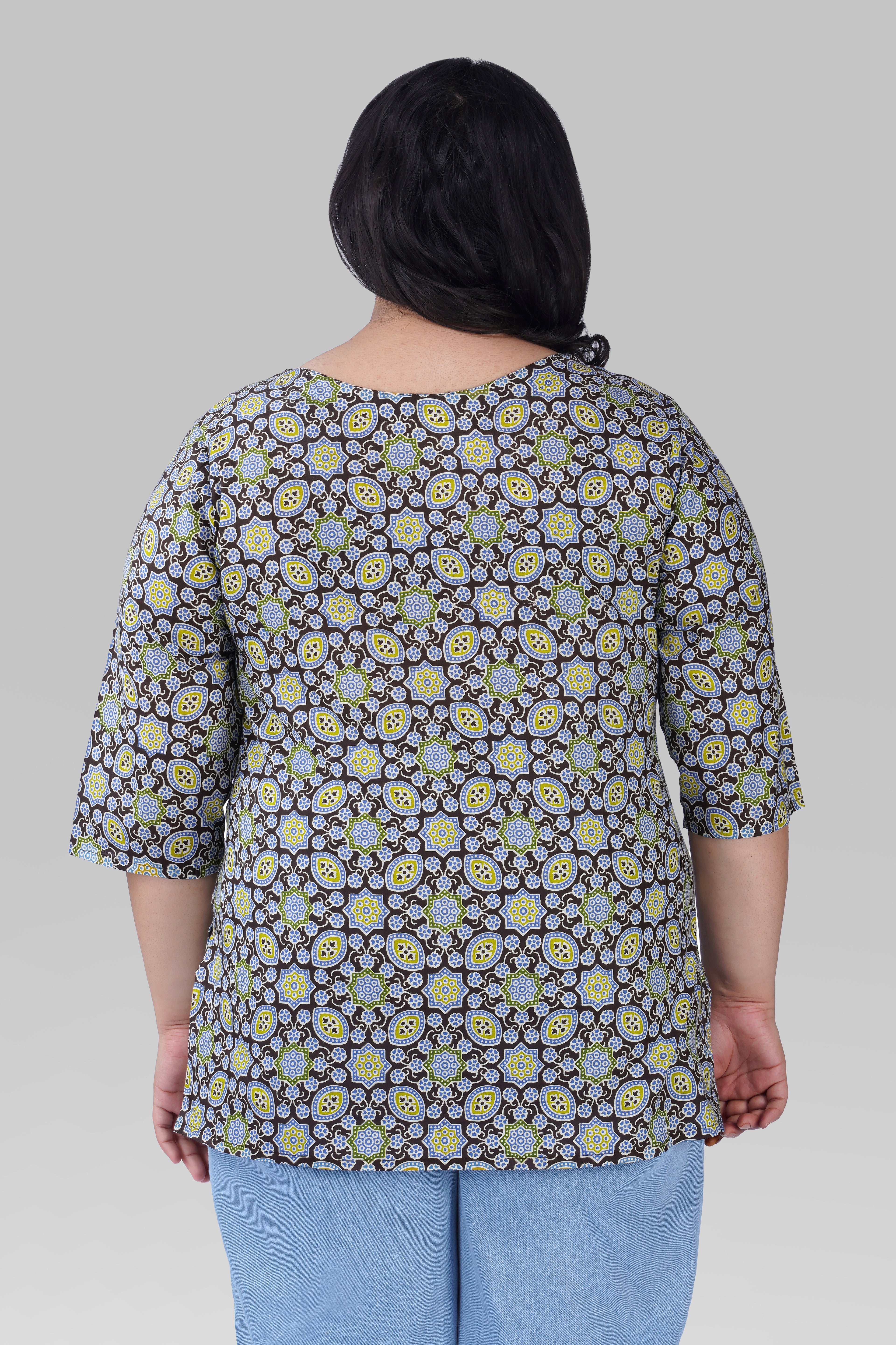 Dark Brown Plus Size Cotton Printed Kurti