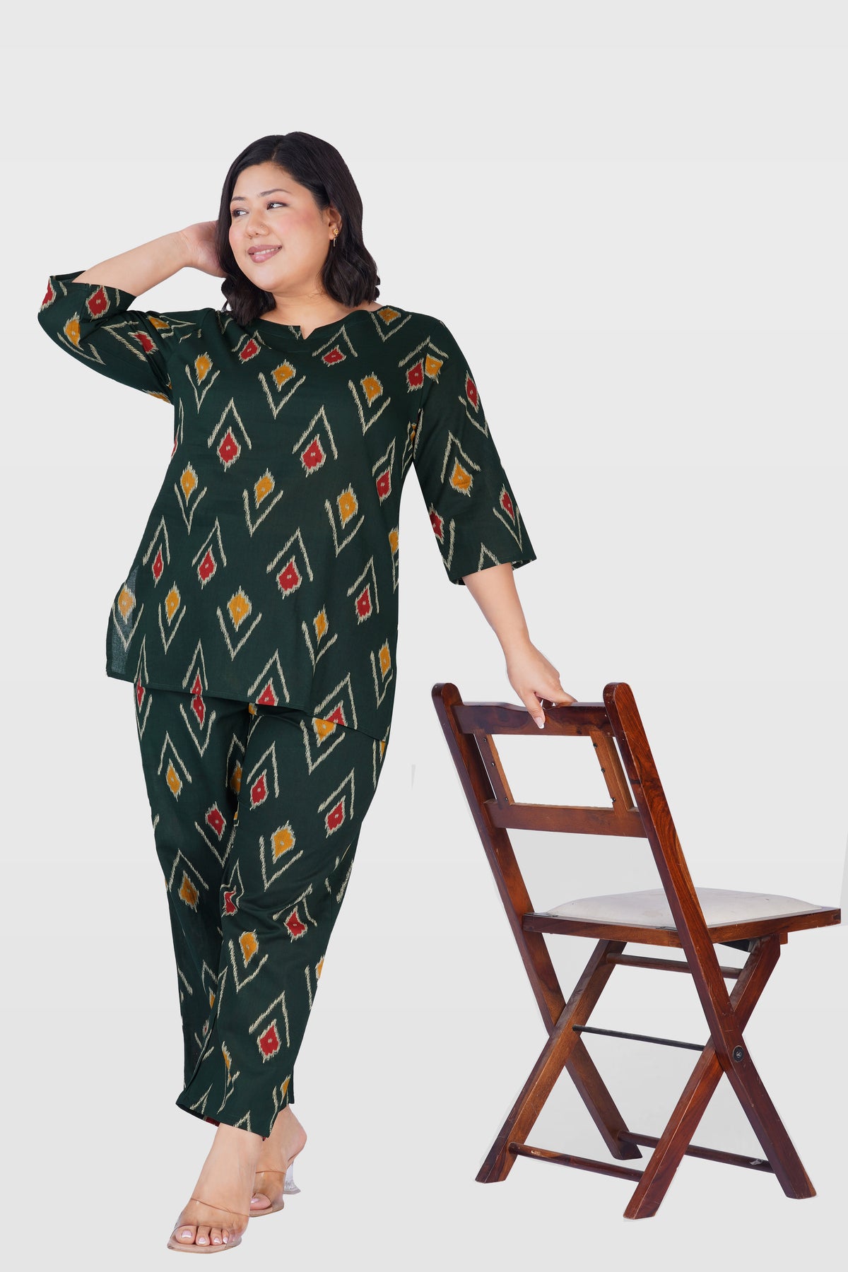Dark Green Plus Size Cotton Printed Pyjama Set
